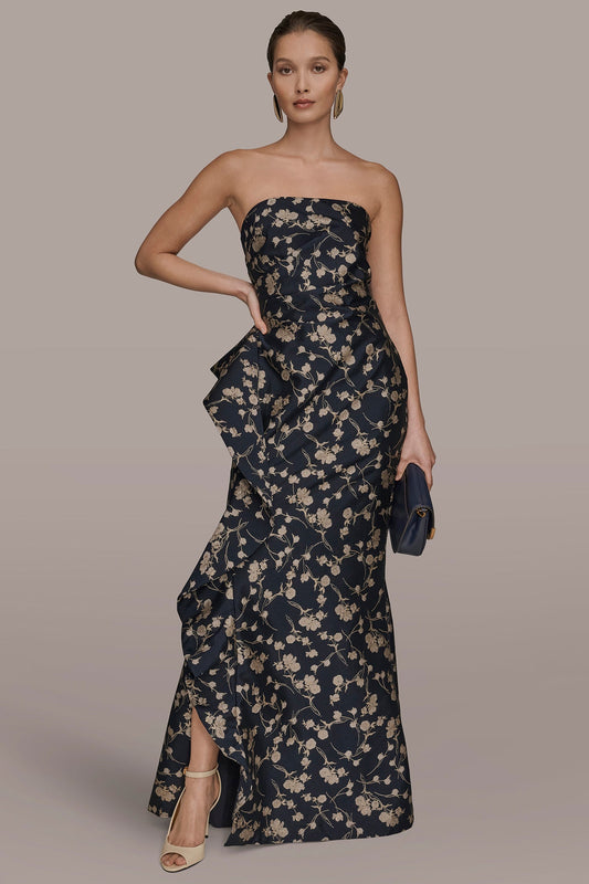 NIGHTFALL/VELLUM MULTI STRAPLESS FLORAL RUFFLED HIGH-SPLIT GOWN Donna Karan