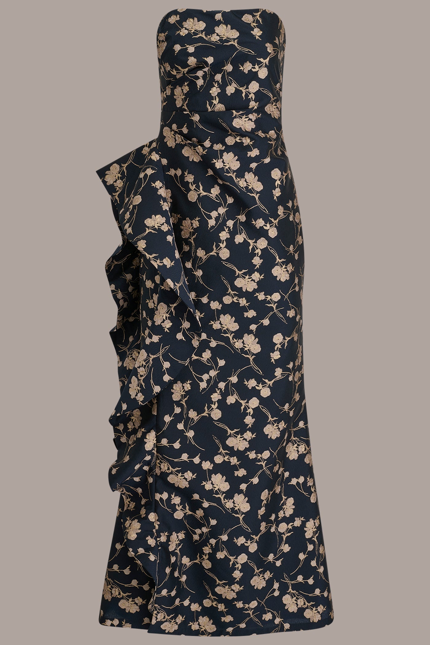 NIGHTFALL/VELLUM MULTI STRAPLESS FLORAL RUFFLED HIGH-SPLIT GOWN Donna Karan