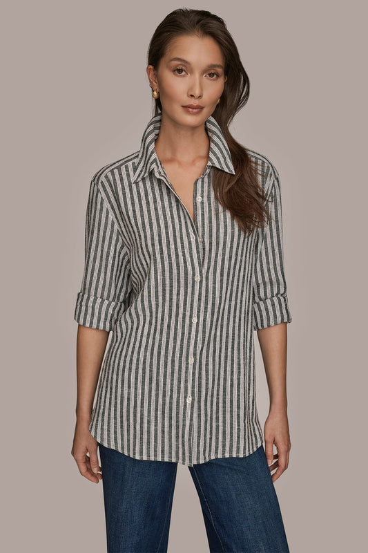 THICK WHITE/BLACK STRIPE LINEN-BLEND STRIPED SHIRT Donna Karan