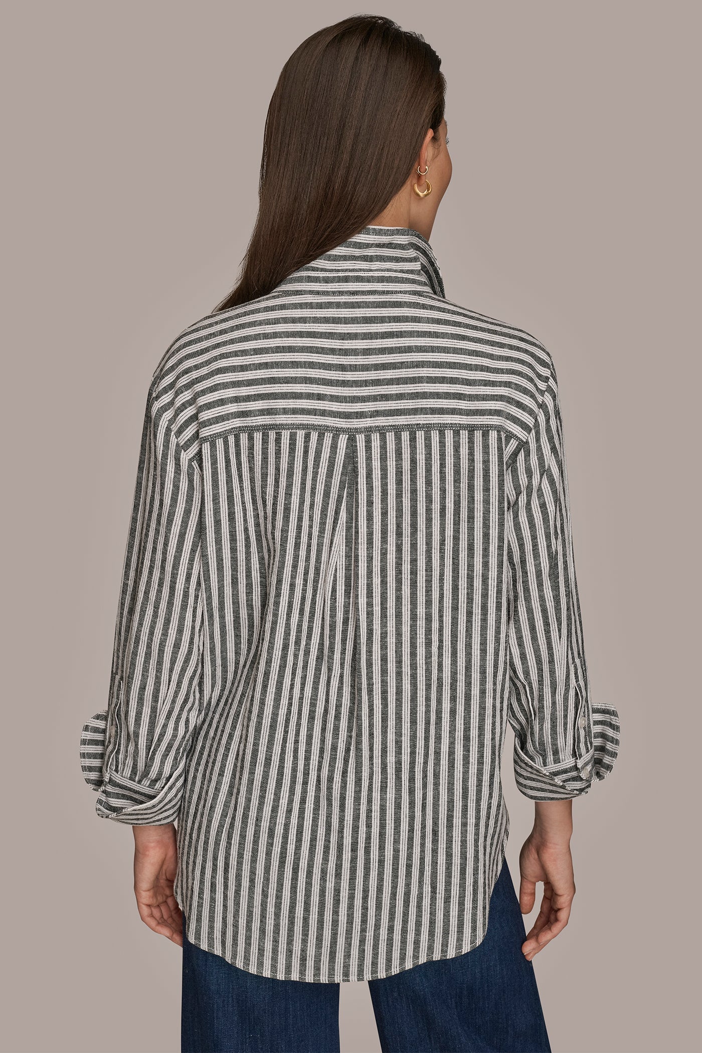 THICK WHITE/BLACK STRIPE LINEN-BLEND STRIPED SHIRT Donna Karan