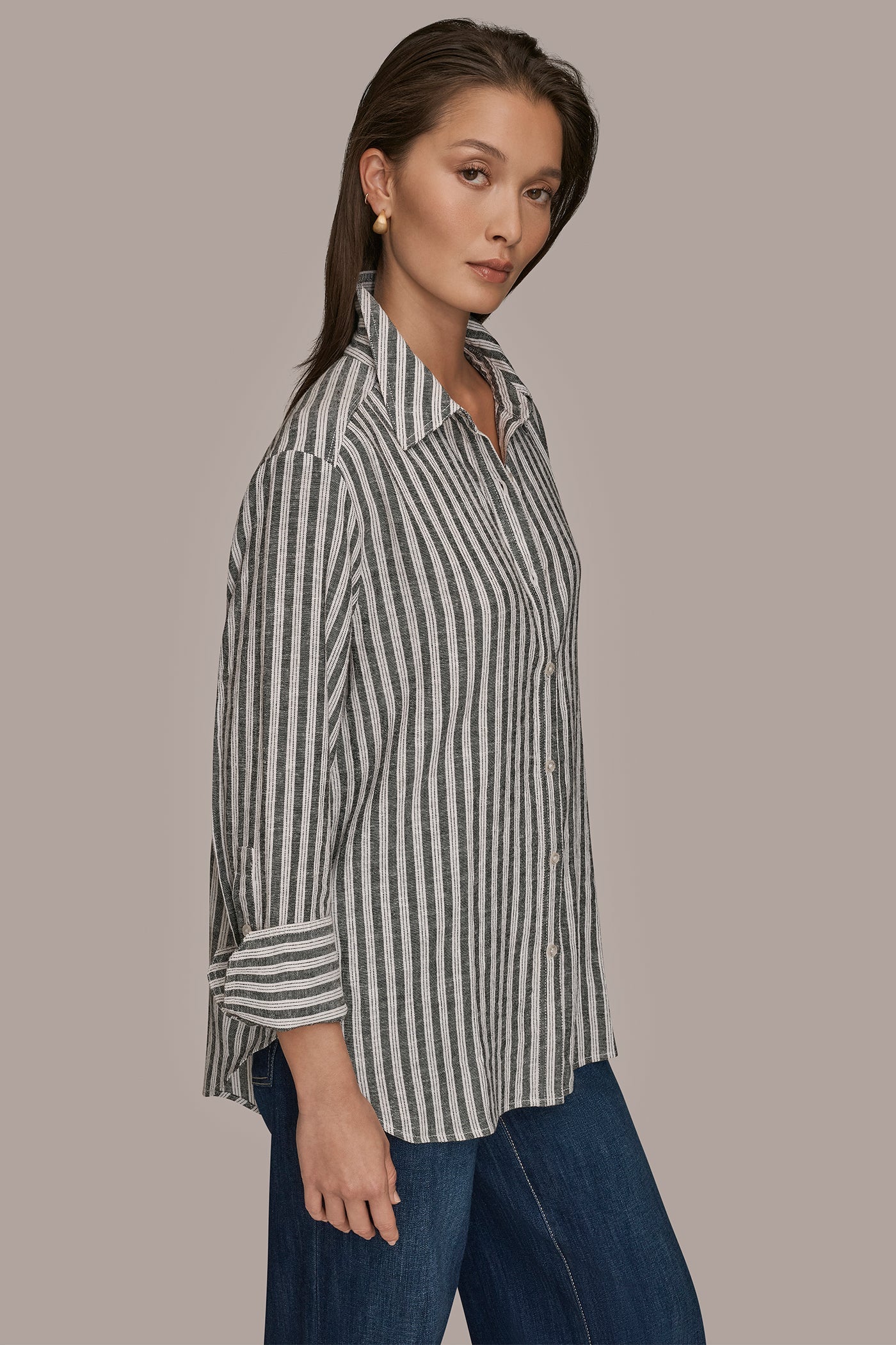 THICK WHITE/BLACK STRIPE LINEN-BLEND STRIPED SHIRT Donna Karan