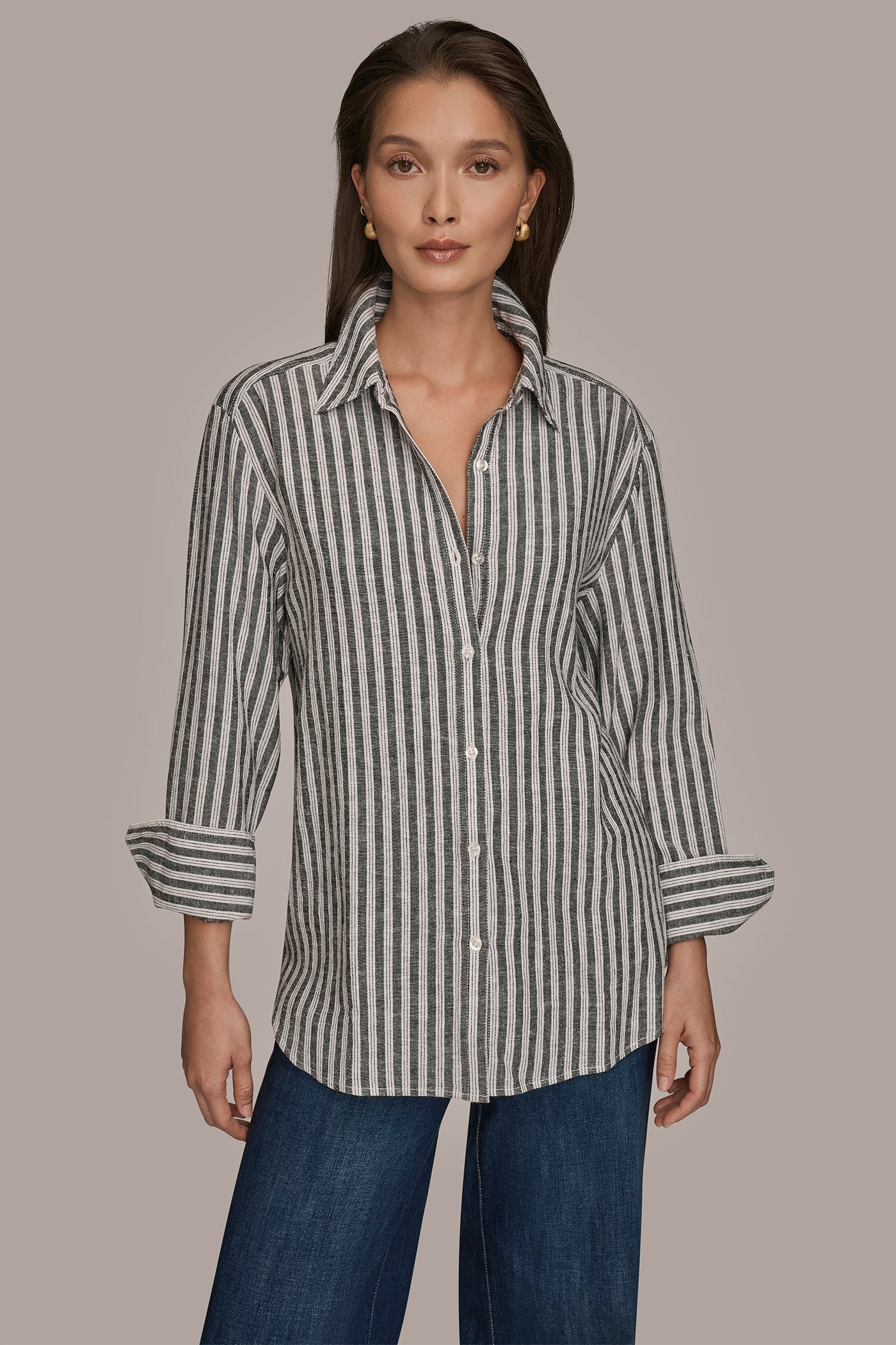 THICK WHITE/BLACK STRIPE LINEN-BLEND STRIPED SHIRT Donna Karan
