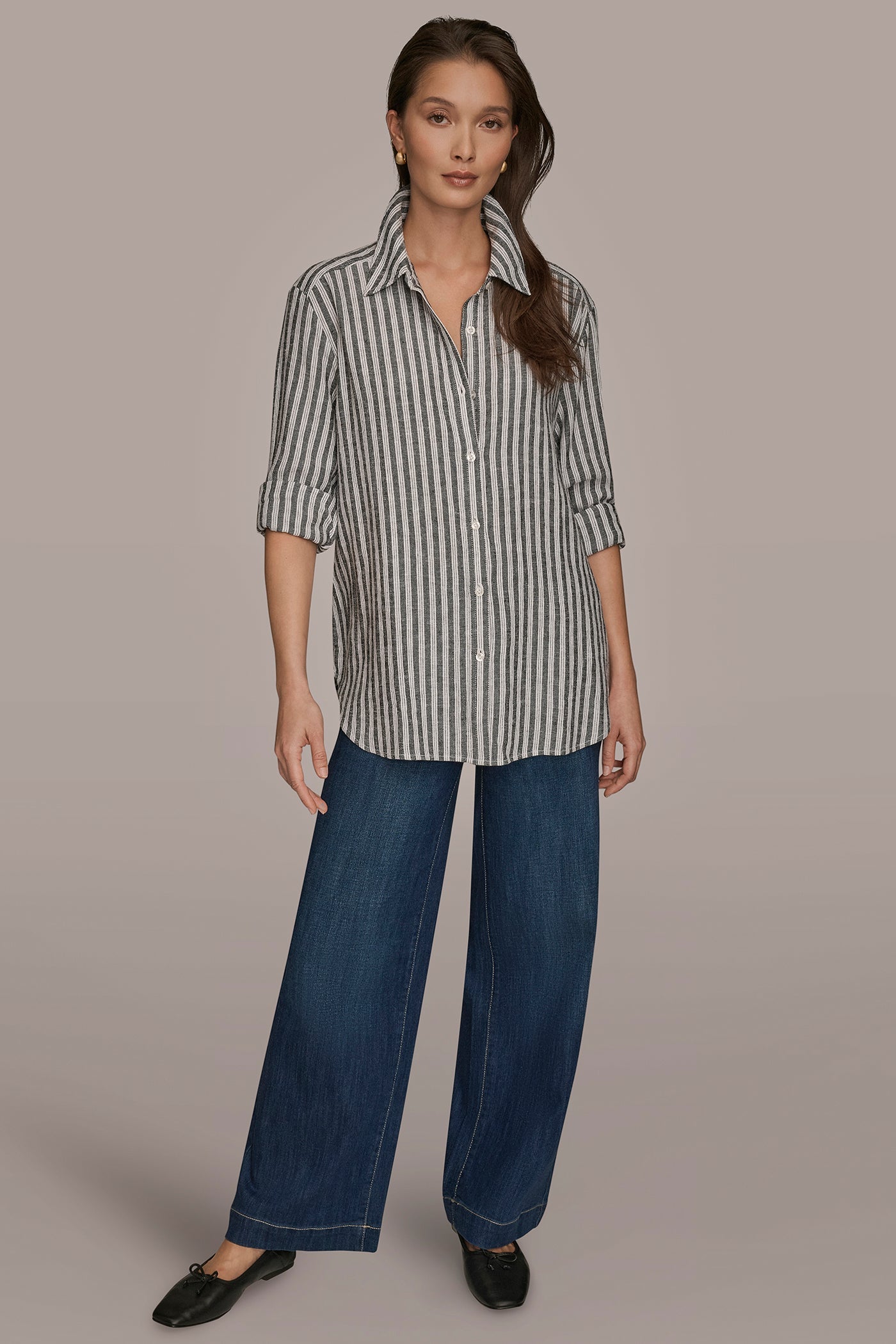 THICK WHITE/BLACK STRIPE LINEN-BLEND STRIPED SHIRT Donna Karan