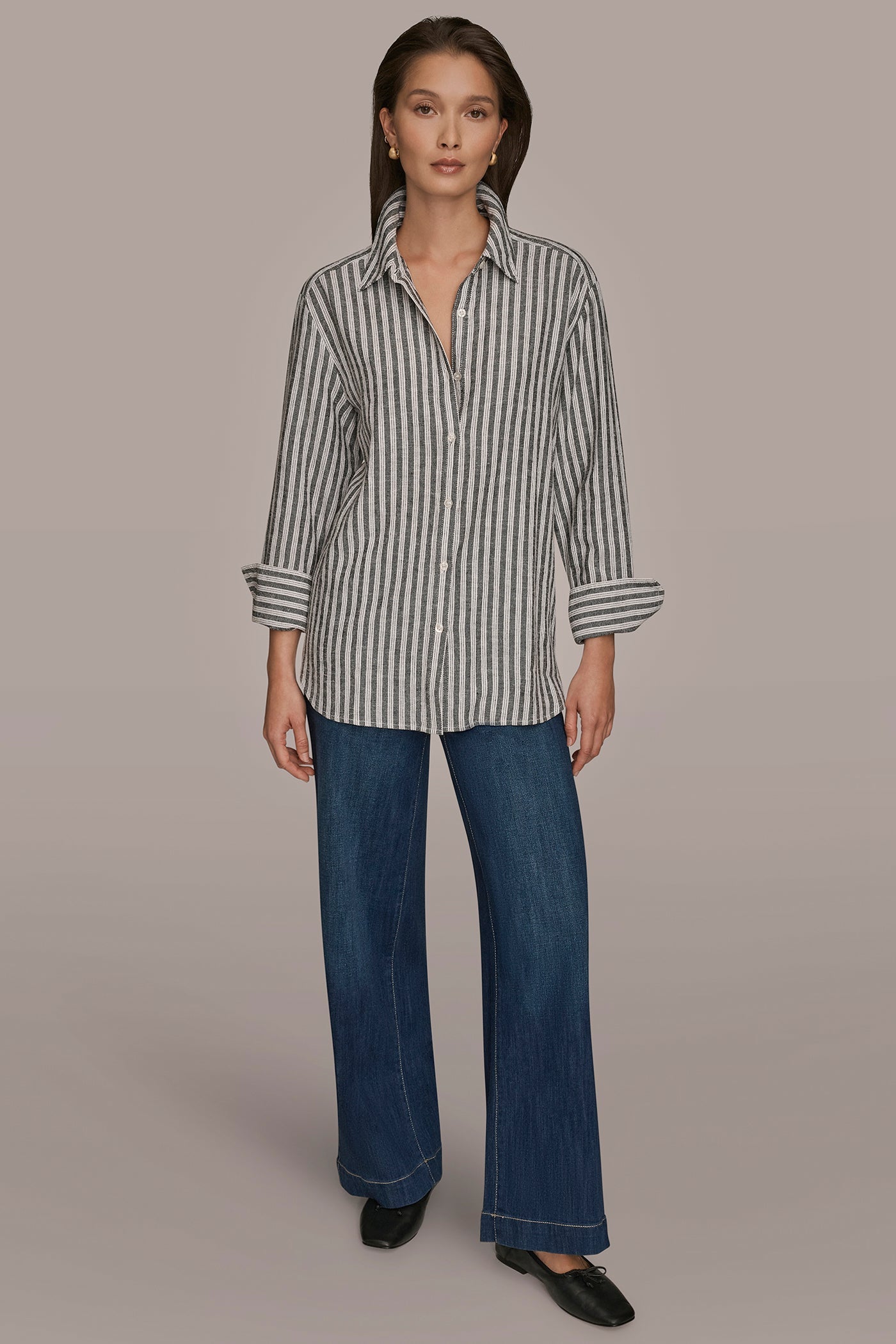 THICK WHITE/BLACK STRIPE LINEN-BLEND STRIPED SHIRT Donna Karan