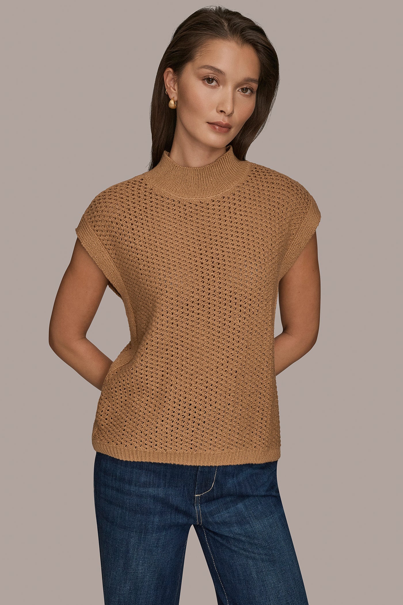 FAWN SLEEVELESS MOCK-NECK OPEN STITCH SWEATER Donna Karan