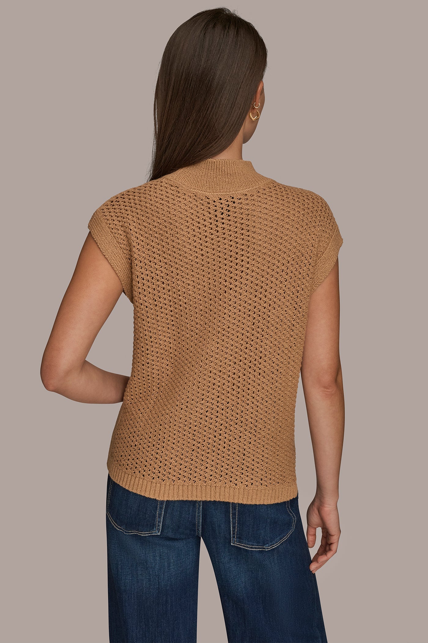 FAWN SLEEVELESS MOCK-NECK OPEN STITCH SWEATER Donna Karan