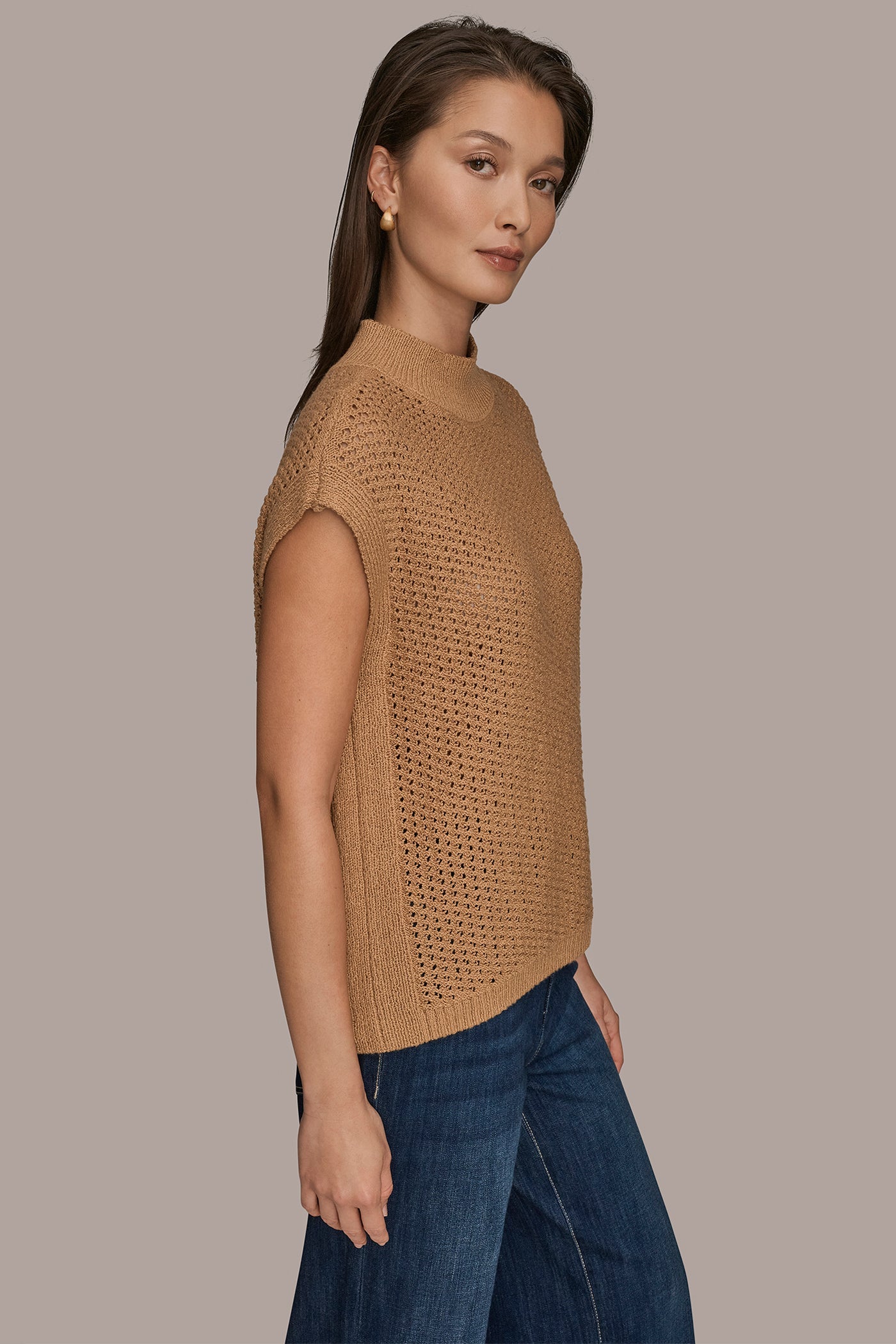 FAWN SLEEVELESS MOCK-NECK OPEN STITCH SWEATER Donna Karan