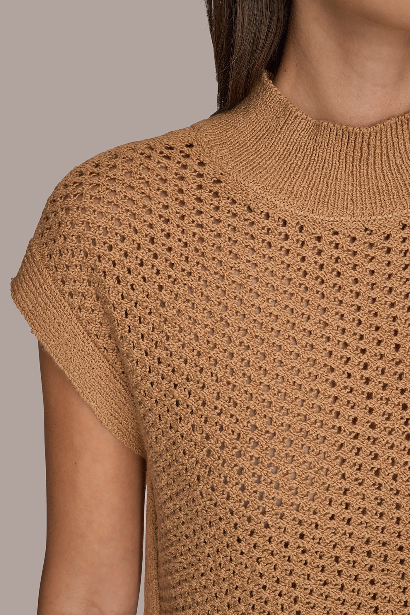 FAWN SLEEVELESS MOCK-NECK OPEN STITCH SWEATER Donna Karan