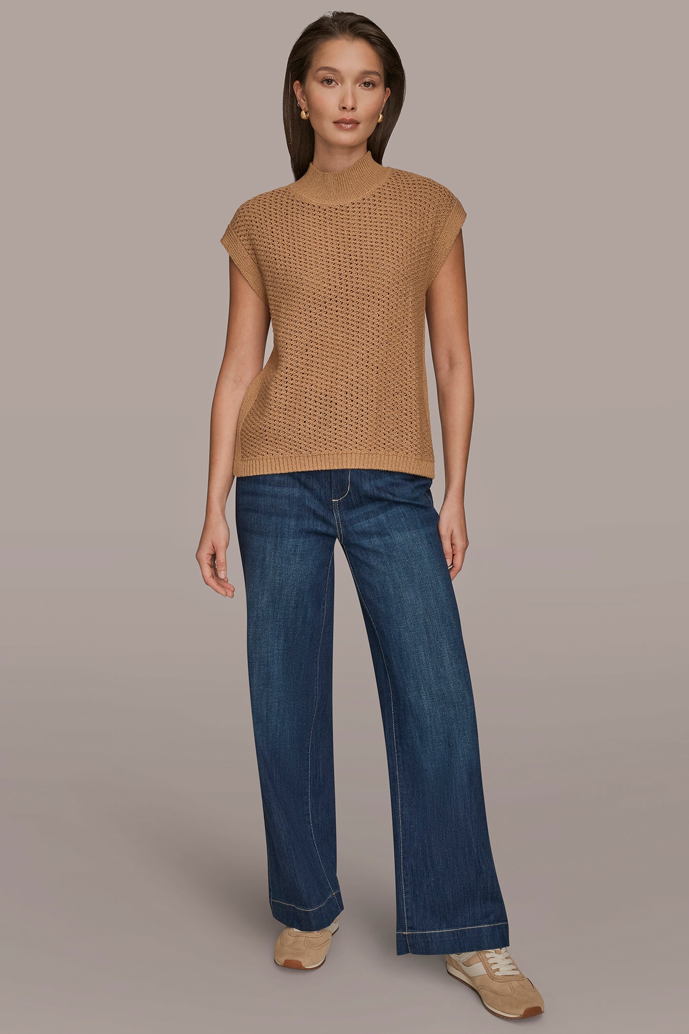 FAWN SLEEVELESS MOCK-NECK OPEN STITCH SWEATER Donna Karan