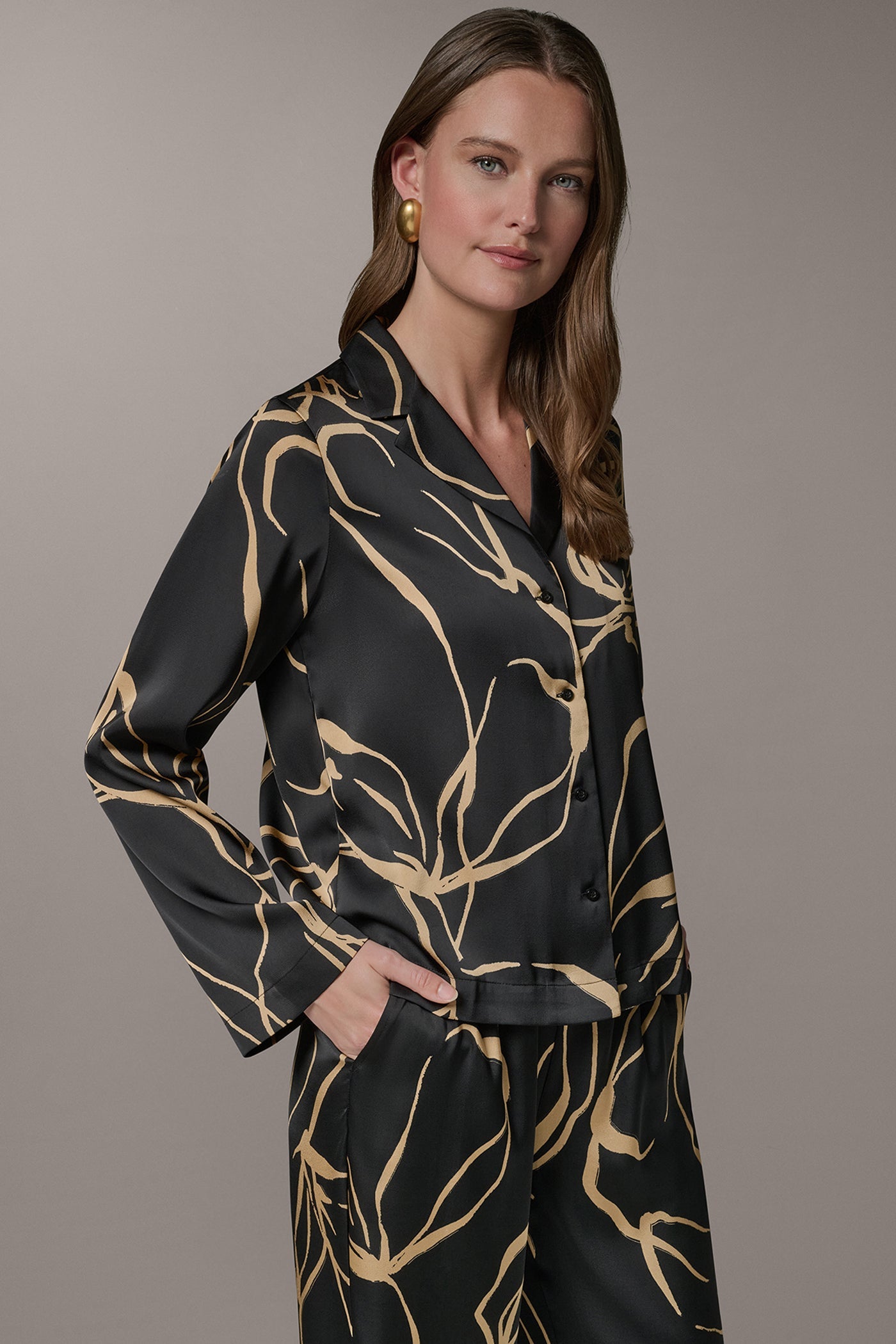 Black /Fawn LONG SLEEVE PRINT BLOUSE Donna Karan
