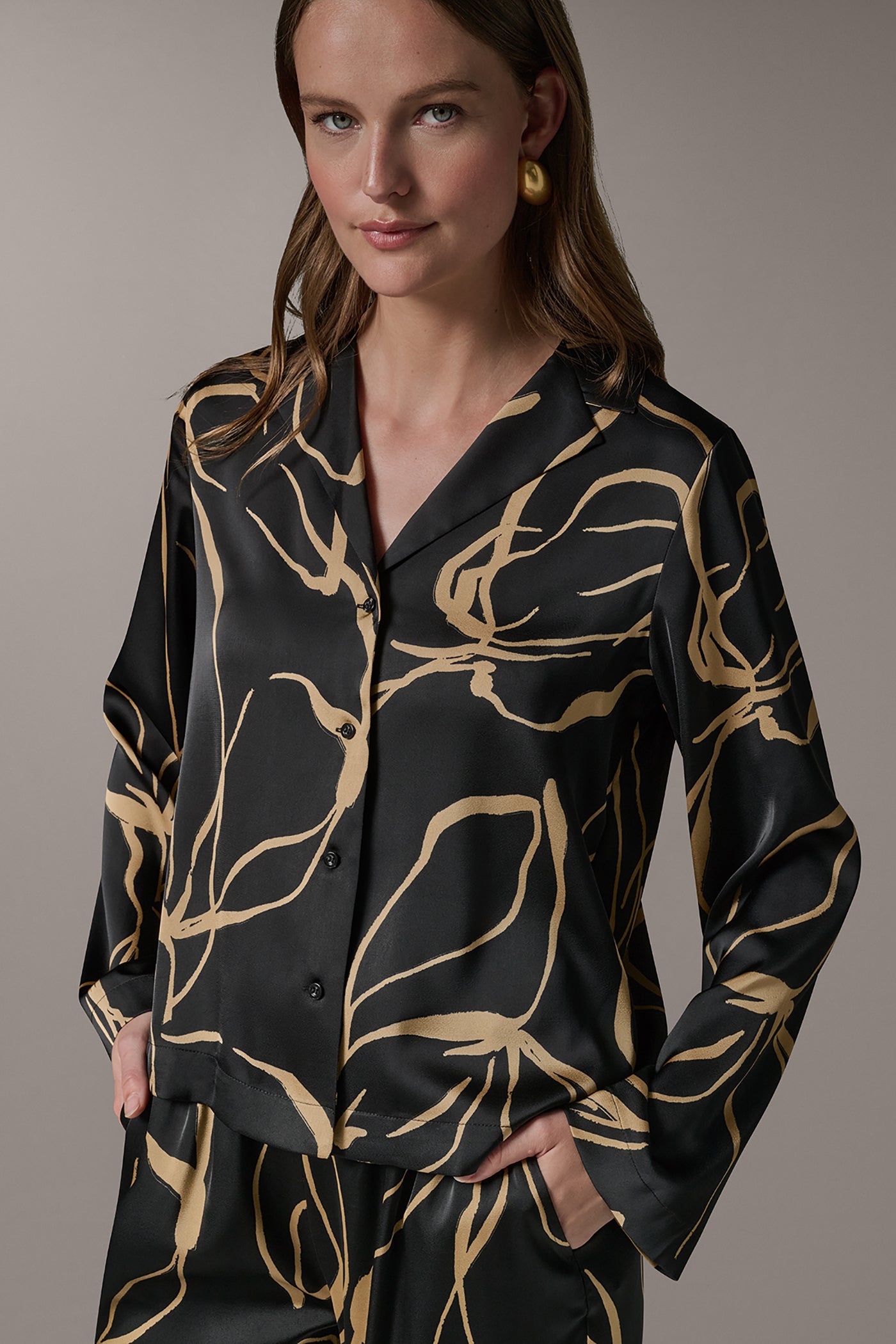 Black /Fawn LONG SLEEVE PRINT BLOUSE Donna Karan