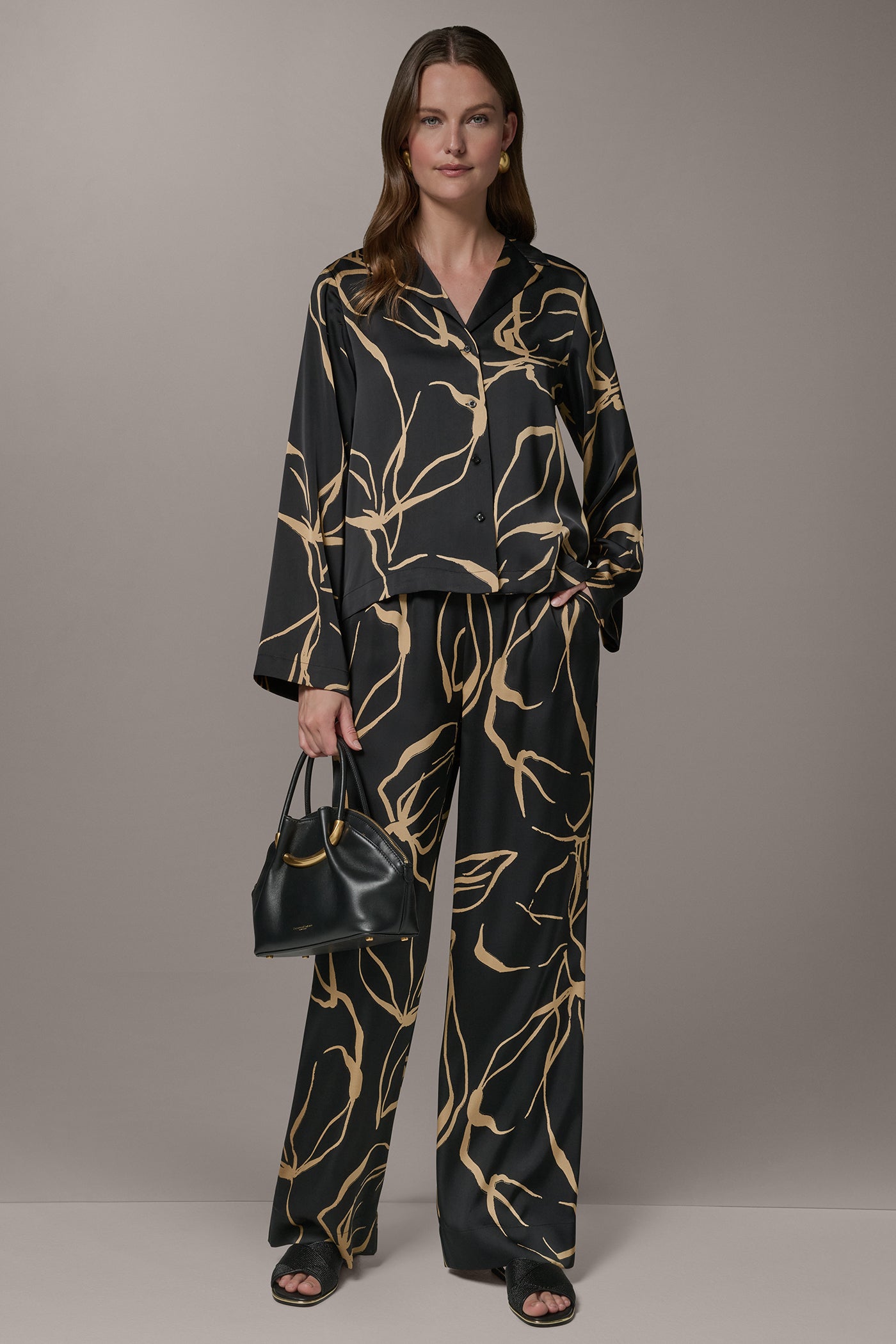 Black /Fawn LONG SLEEVE PRINT BLOUSE Donna Karan