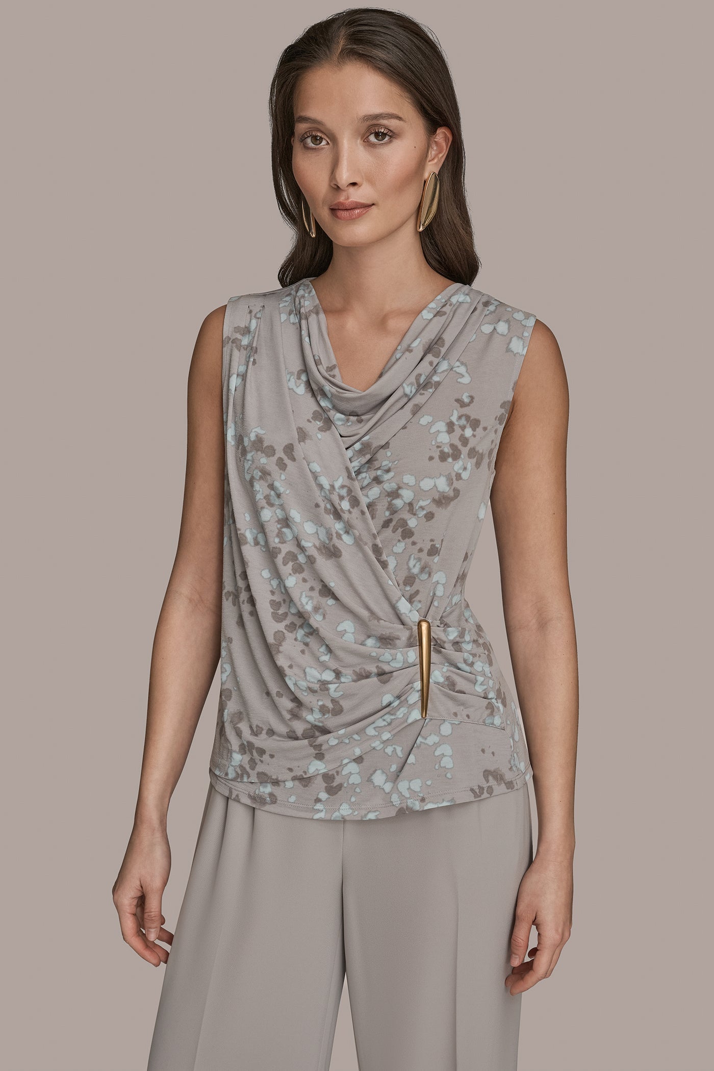 MIST MULTI PRINTED SLEEVELESS COWL-NECK WRAP TOP Donna Karan