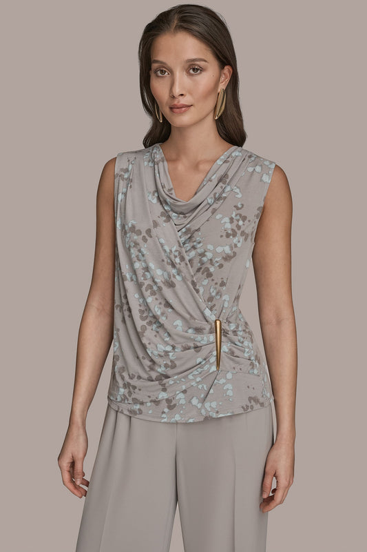 MIST MULTI PRINTED SLEEVELESS COWL-NECK WRAP TOP Donna Karan
