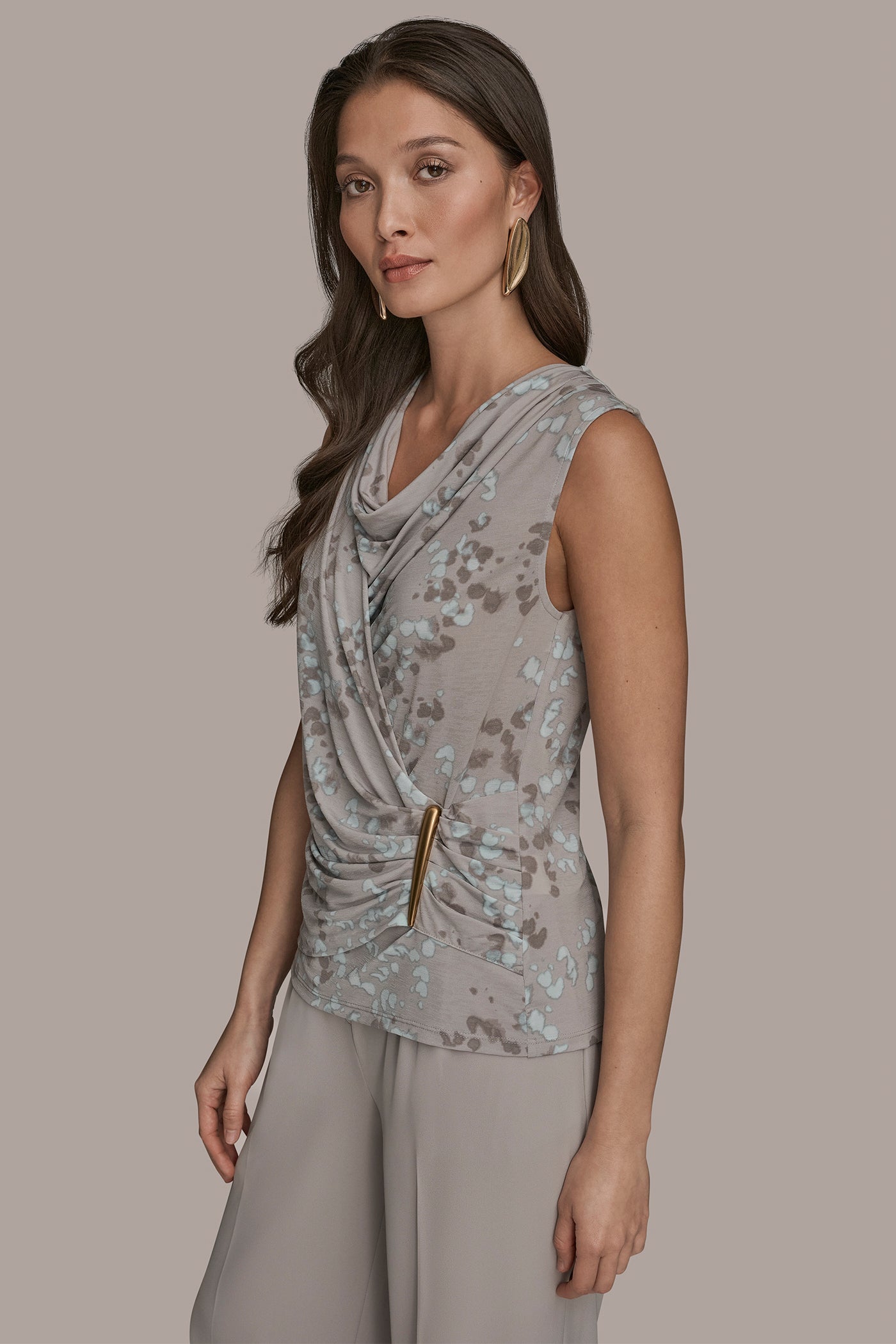 MIST MULTI PRINTED SLEEVELESS COWL-NECK WRAP TOP Donna Karan