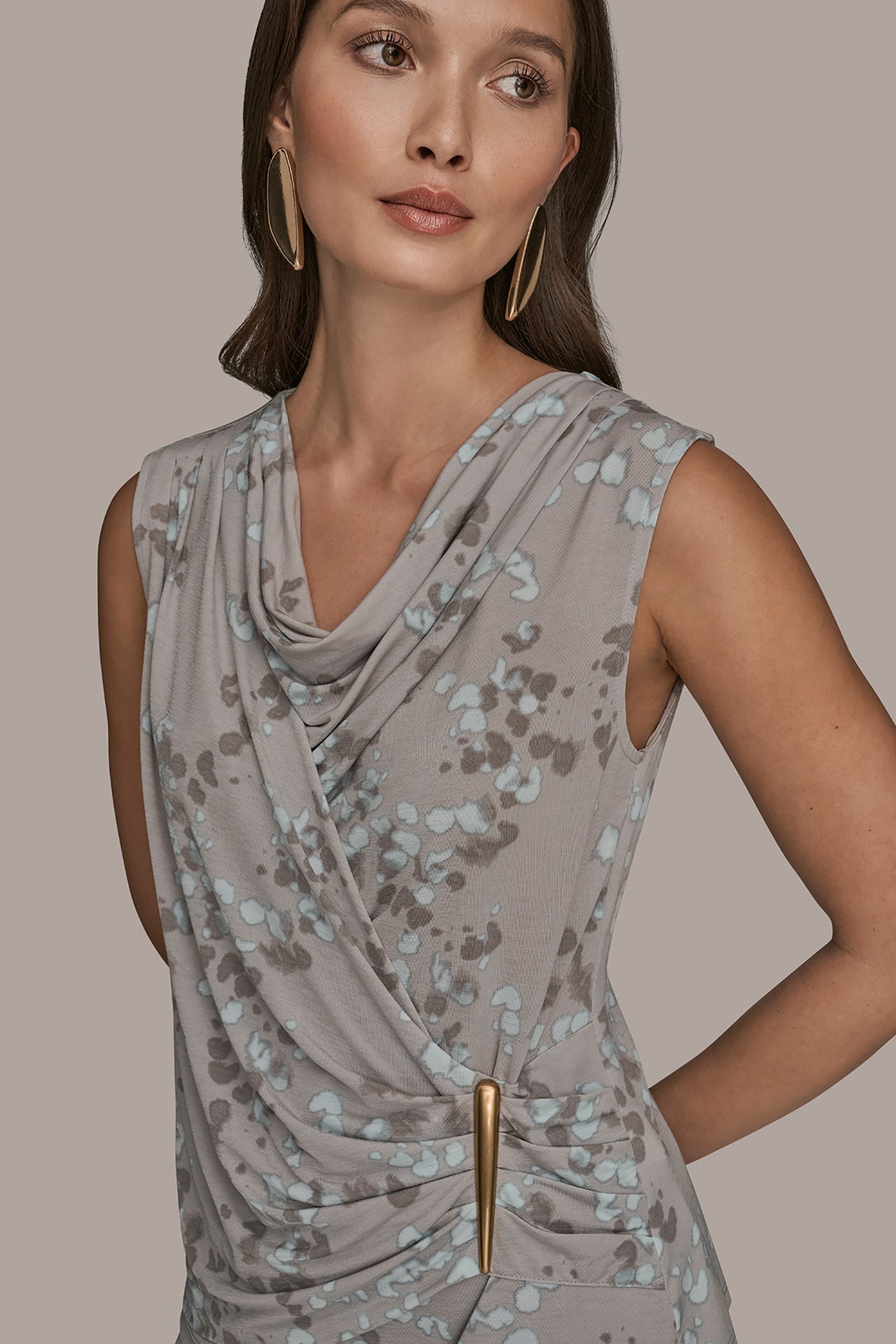 MIST MULTI PRINTED SLEEVELESS COWL-NECK WRAP TOP Donna Karan