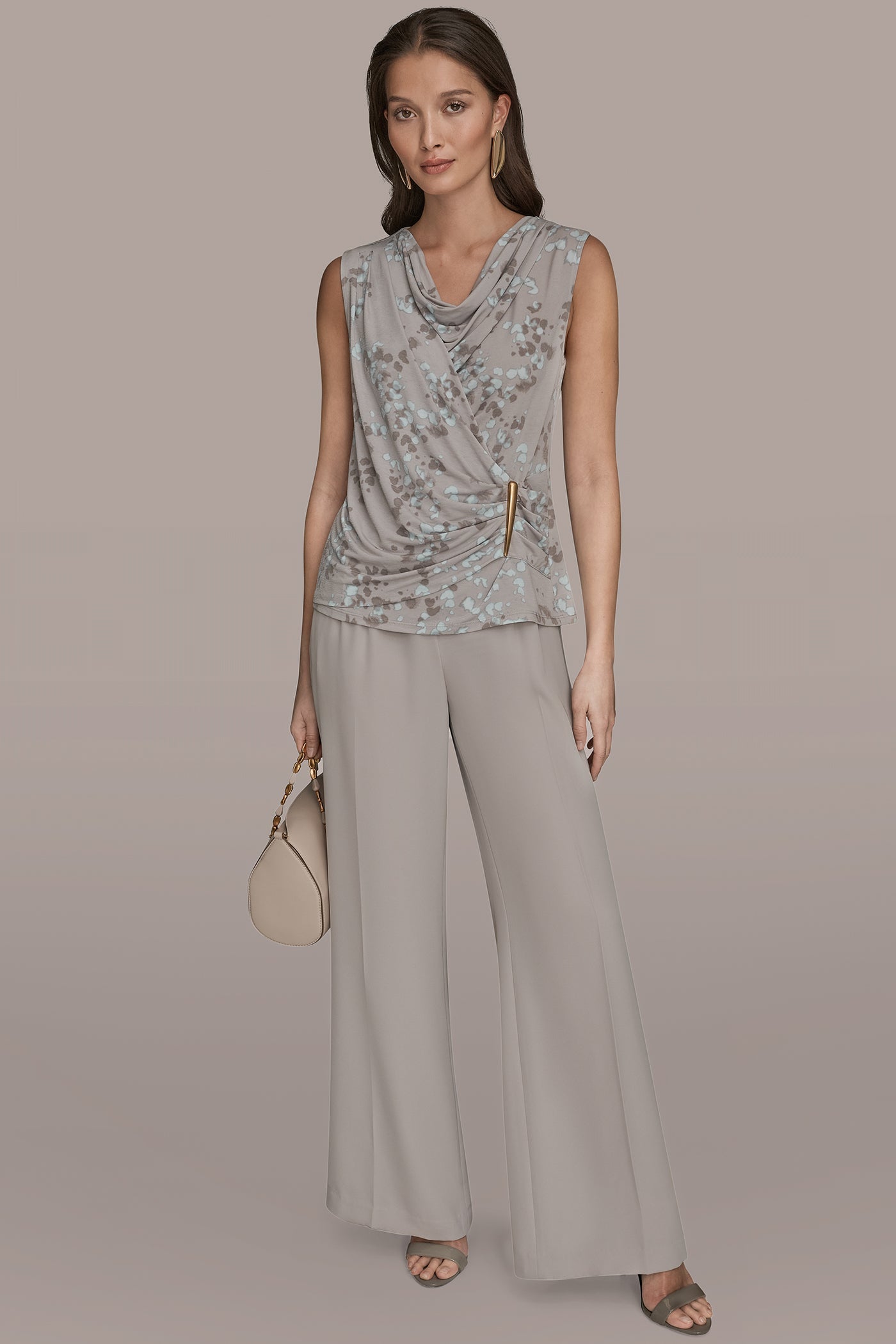 MIST MULTI PRINTED SLEEVELESS COWL-NECK WRAP TOP Donna Karan