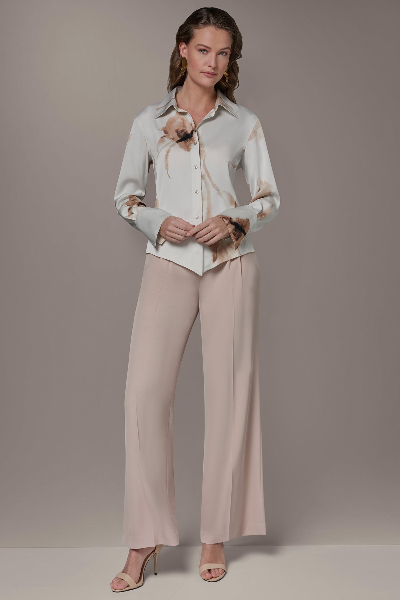Tuscan Grey SATIN FLORAL HIGH-LOW BLOUSE Donna Karan