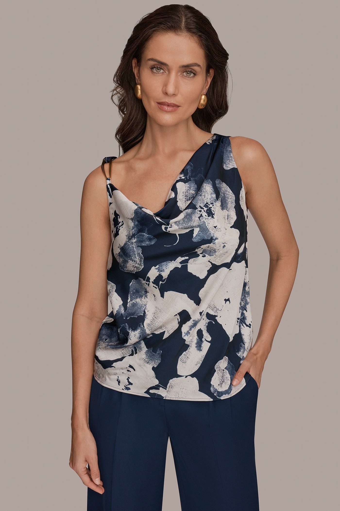 Nightfall Multi SATIN FLORAL COWL-NECK CUTOUT SHOULDER CAMI Donna Karan