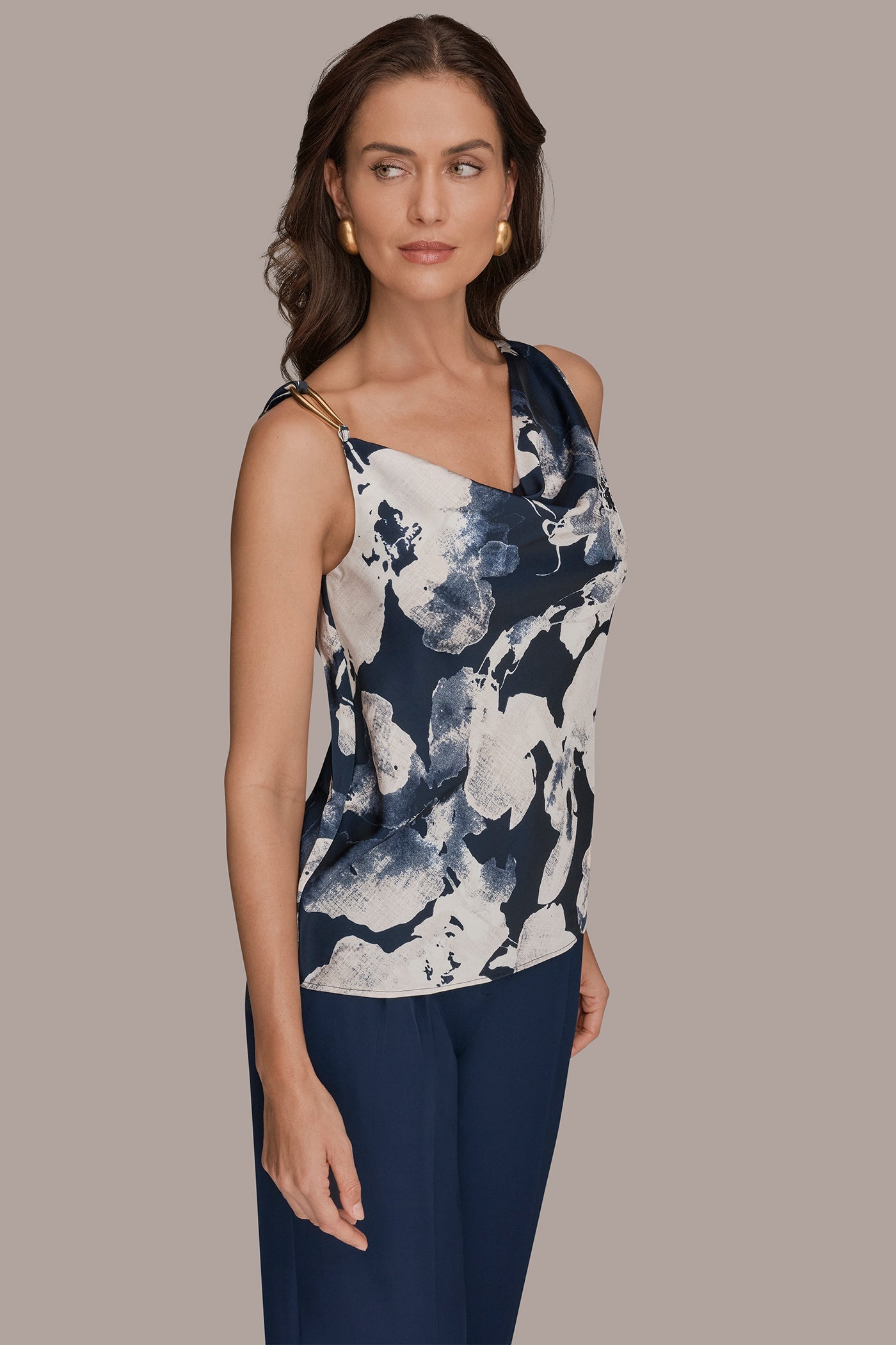 Nightfall Multi SATIN FLORAL COWL-NECK CUTOUT SHOULDER CAMI Donna Karan