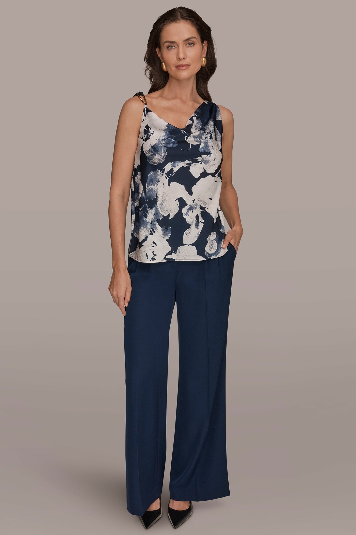 Nightfall Multi SATIN FLORAL COWL-NECK CUTOUT SHOULDER CAMI Donna Karan