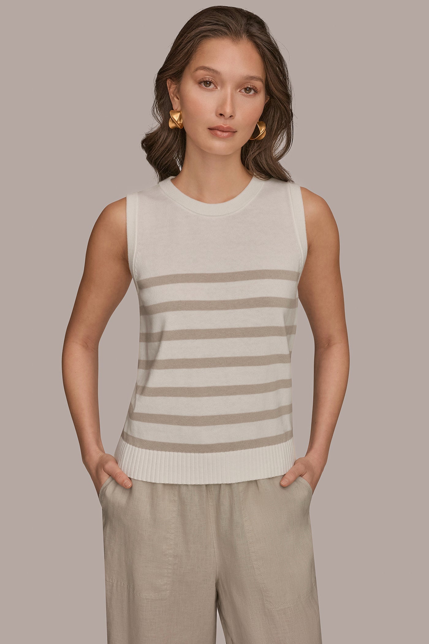 Cream/Tuscan Grey COTTON AND CASHMERE SLEEVELESS STRIPED SWEATER Donna Karan