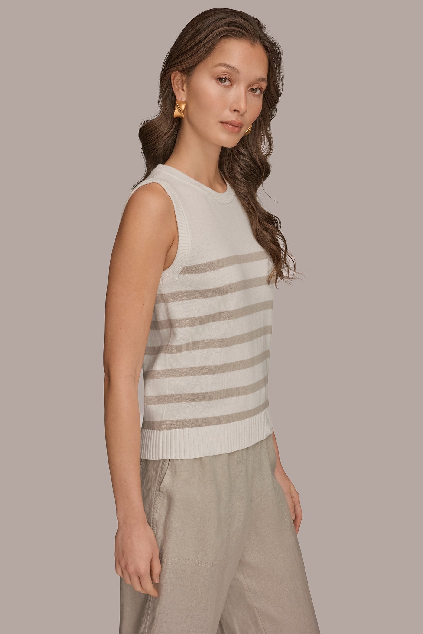 Cream/Tuscan Grey COTTON AND CASHMERE SLEEVELESS STRIPED SWEATER Donna Karan