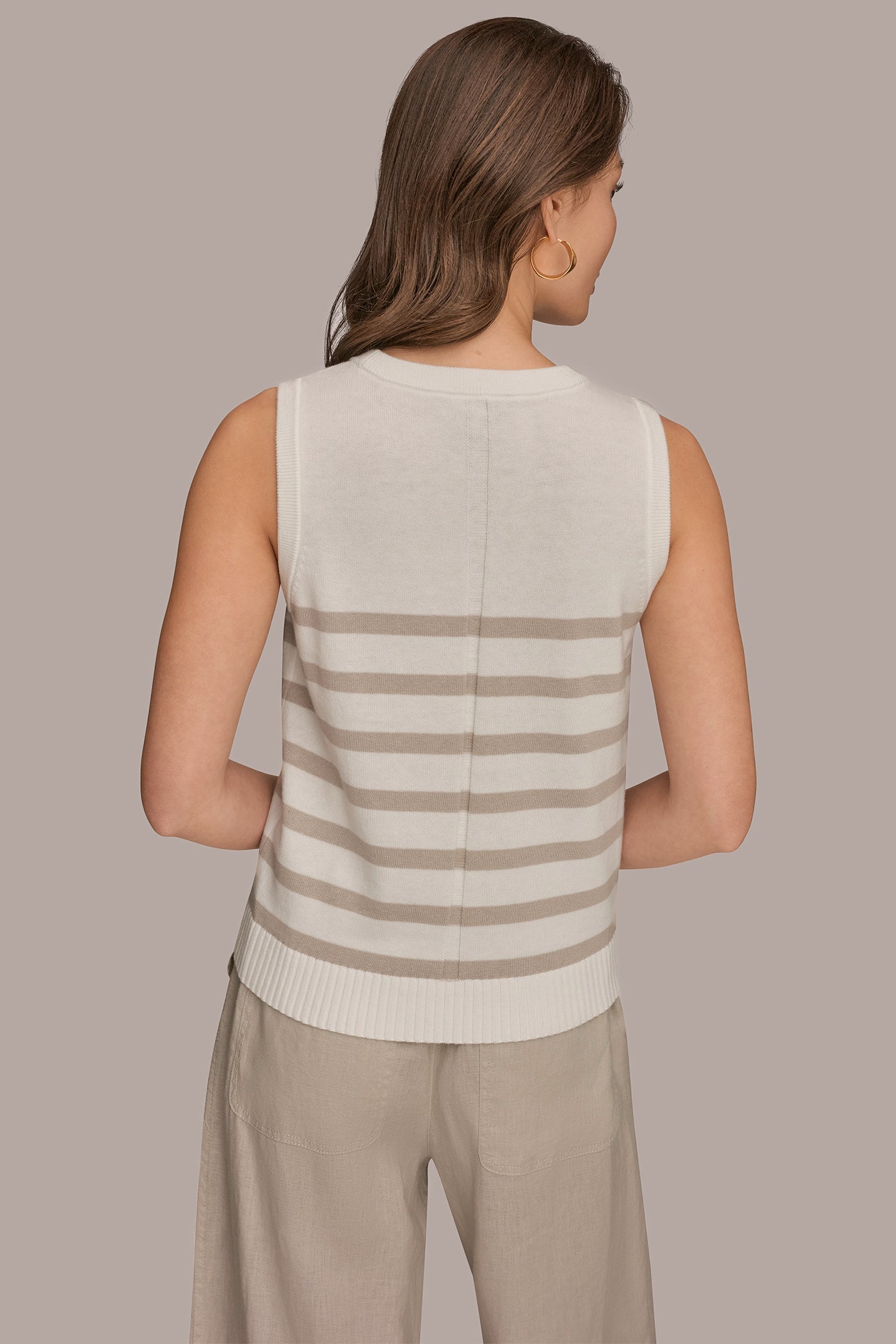 Cream/Tuscan Grey COTTON AND CASHMERE SLEEVELESS STRIPED SWEATER Donna Karan