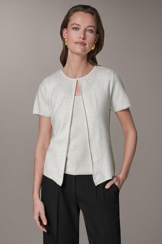 Cream SHORT SLEEVE SEQUIN CARDIGAN Donna Karan