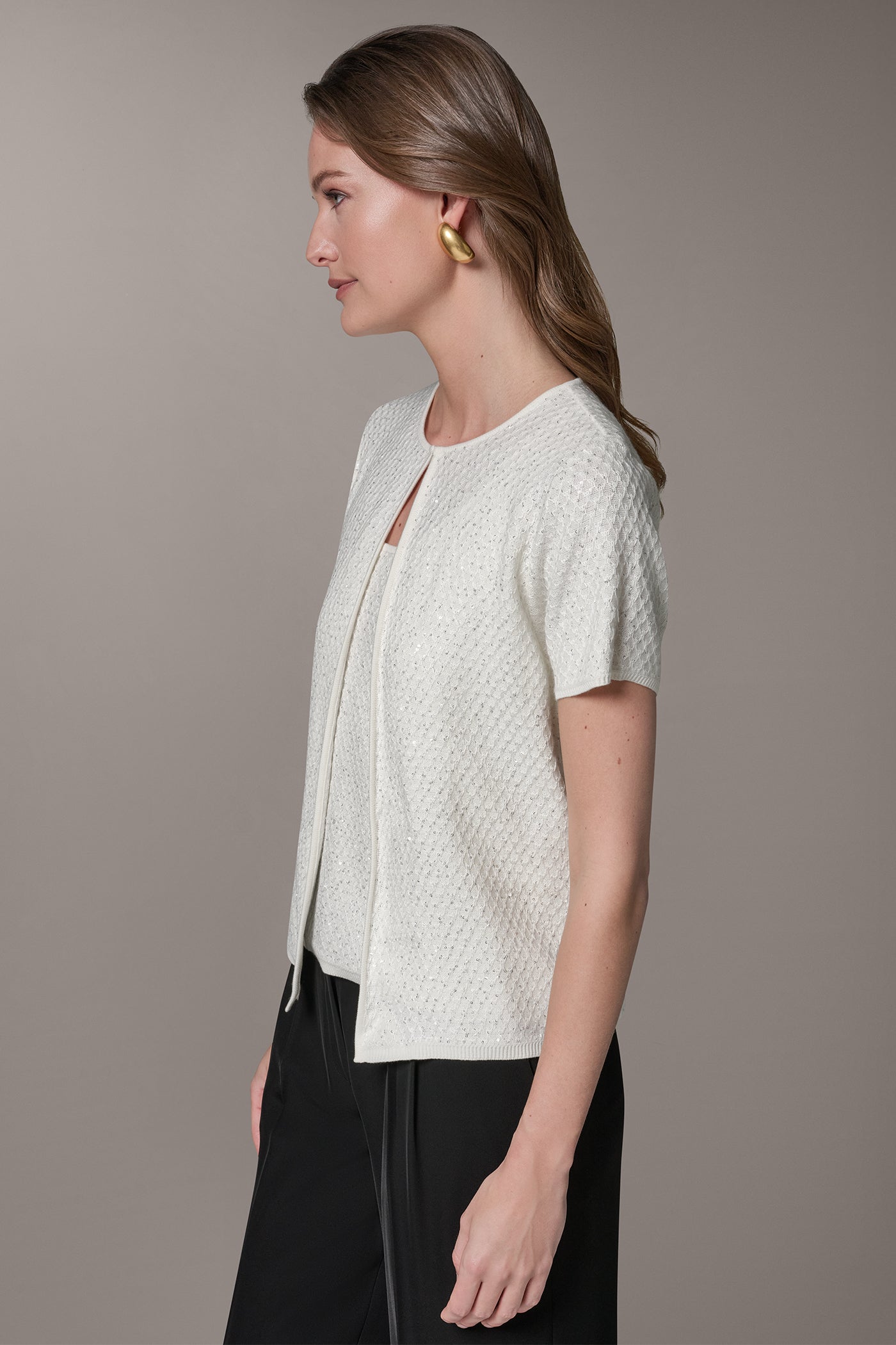 Cream SHORT SLEEVE SEQUIN CARDIGAN Donna Karan