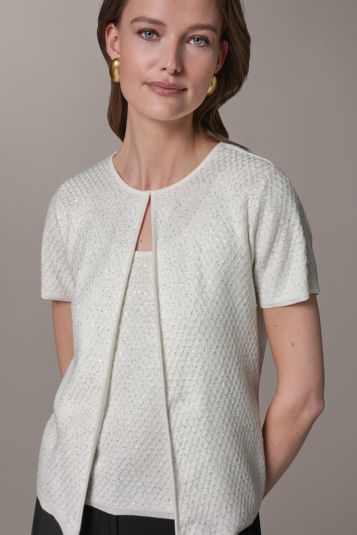 Cream SHORT SLEEVE SEQUIN CARDIGAN Donna Karan