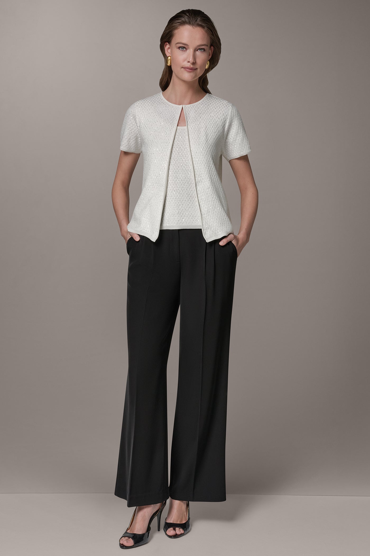 Cream SHORT SLEEVE SEQUIN CARDIGAN Donna Karan