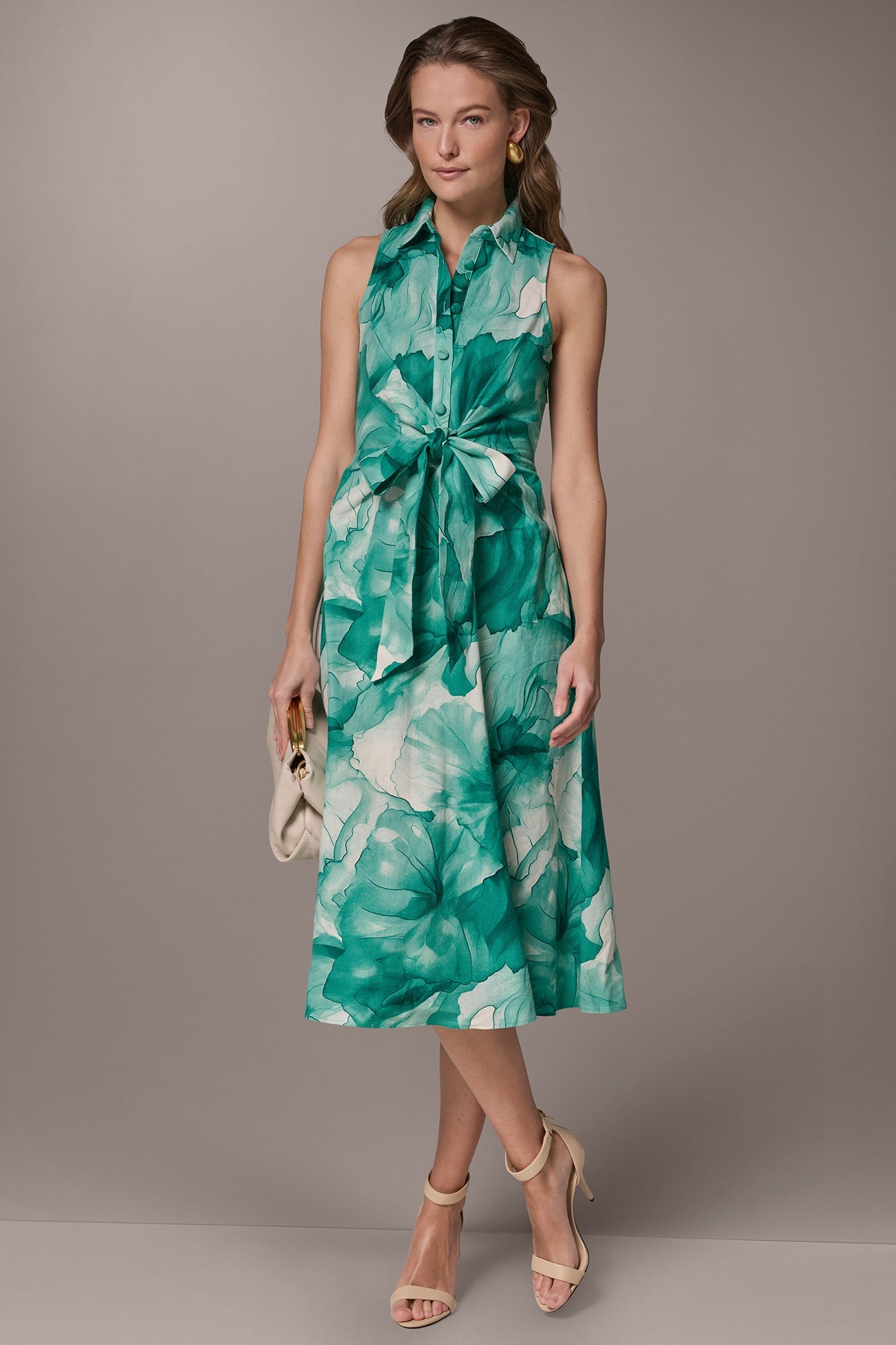 Lawn Multi LINEN-BLEND FLORAL MIDI SHIRT DRESS Donna Karan