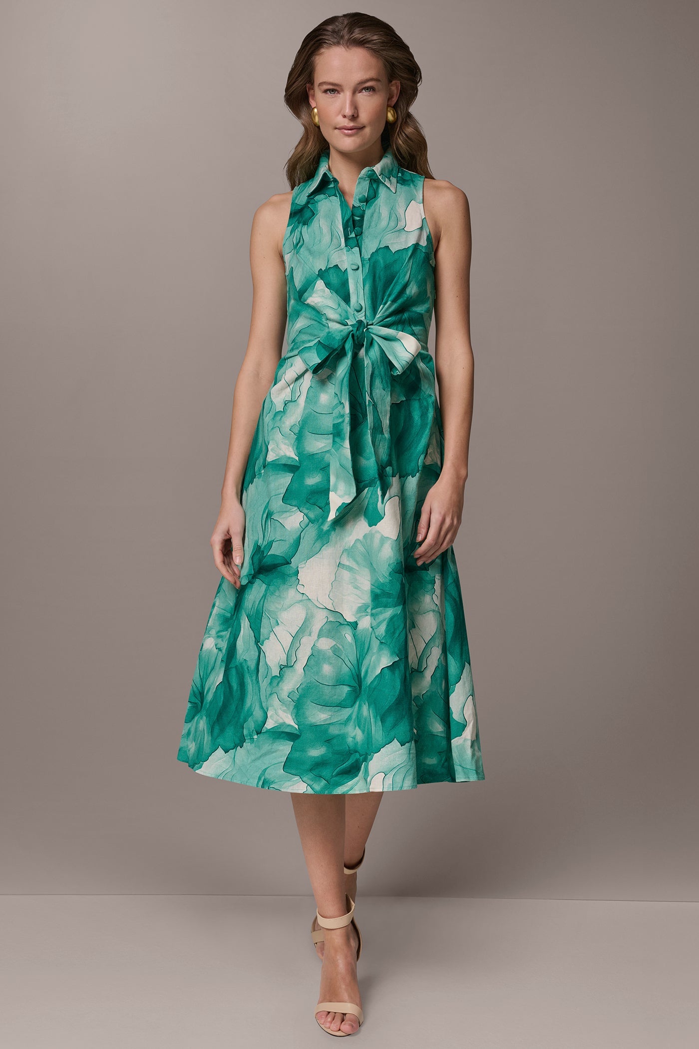 Lawn Multi LINEN-BLEND FLORAL MIDI SHIRT DRESS Donna Karan