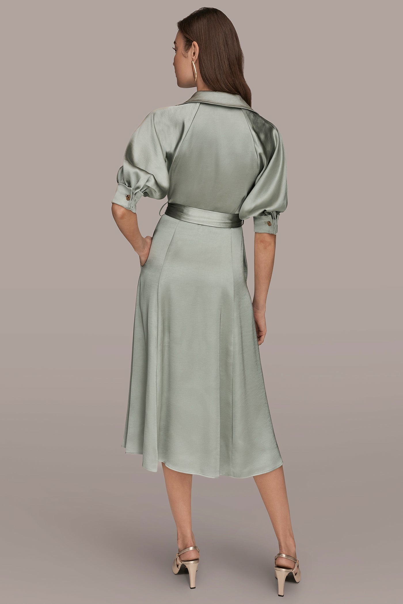 WEATHERED SAGE SATIN MIDI SHIRT DRESS Donna Karan