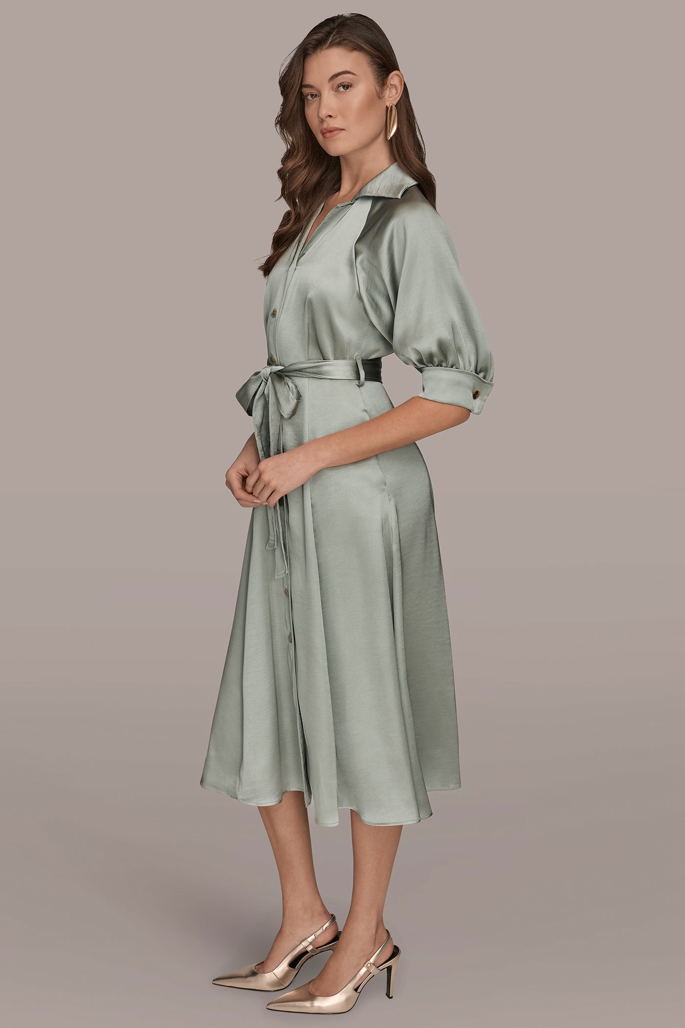WEATHERED SAGE SATIN MIDI SHIRT DRESS Donna Karan