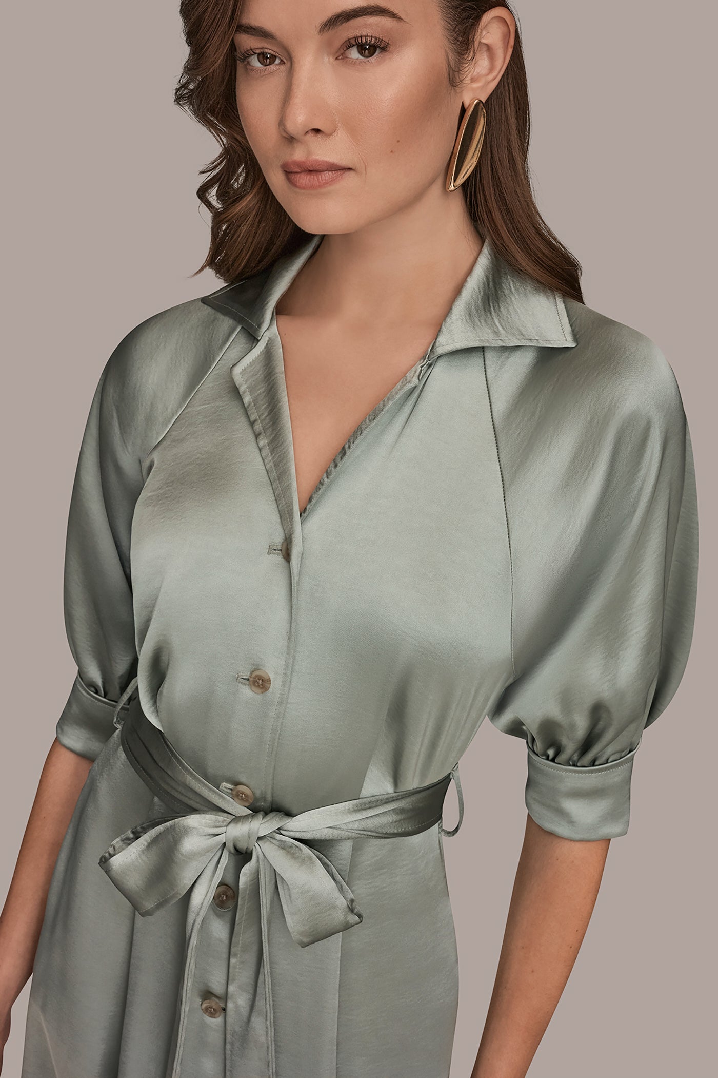 WEATHERED SAGE SATIN MIDI SHIRT DRESS Donna Karan