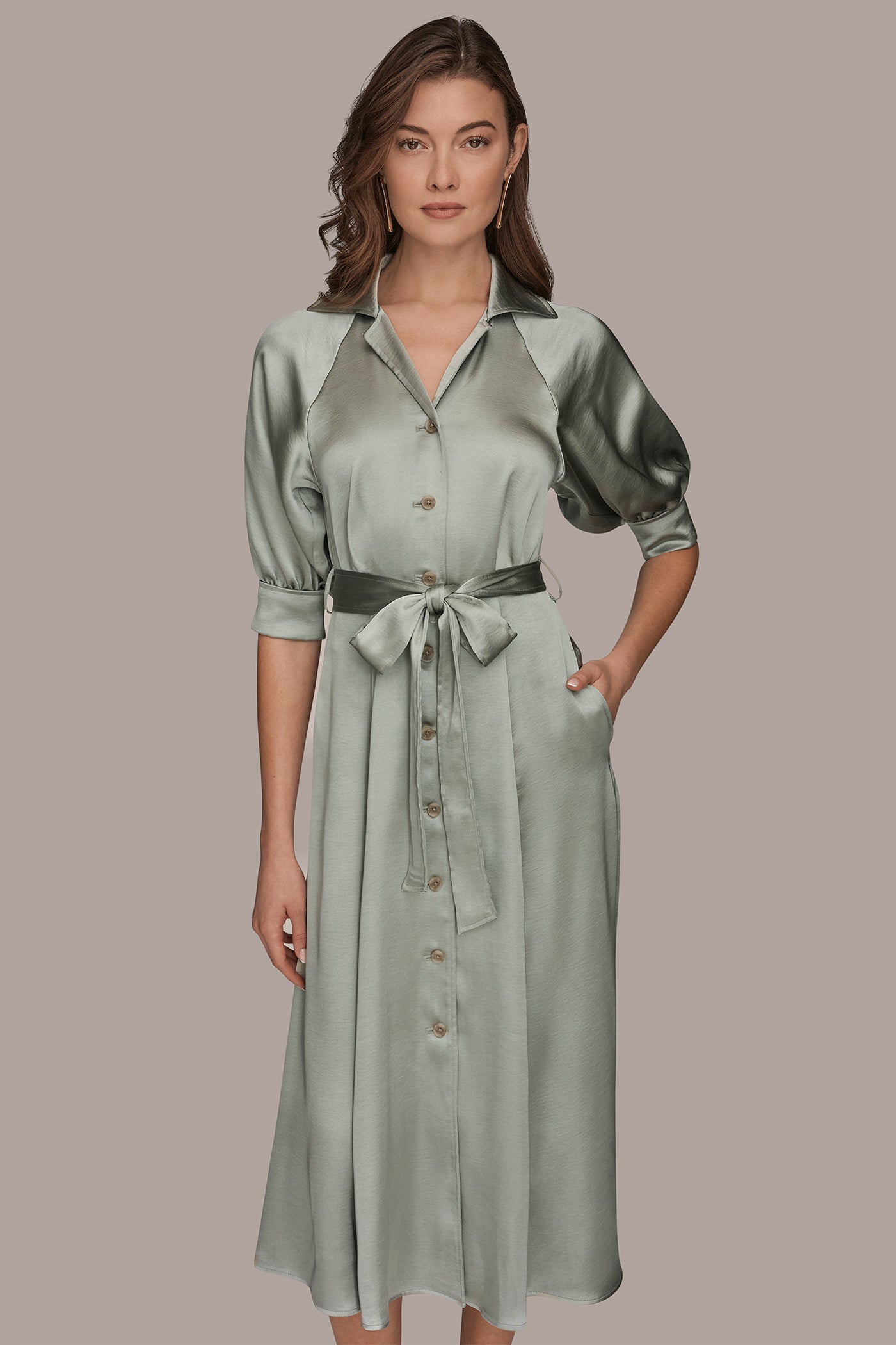 WEATHERED SAGE SATIN MIDI SHIRT DRESS Donna Karan