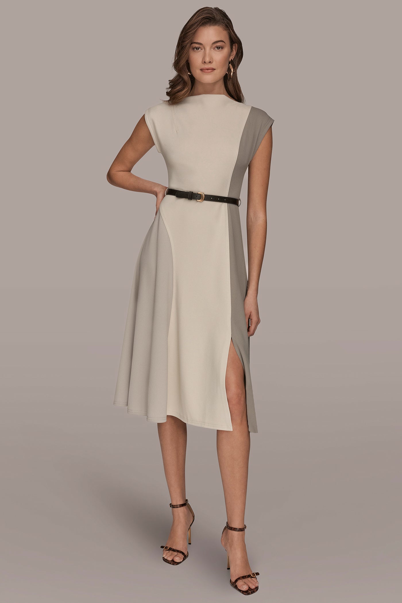 VAPOR/VELLUM/DRIFTWOOD CAP SLEEVE COLOR-BLOCK MIDI DRESS Donna Karan