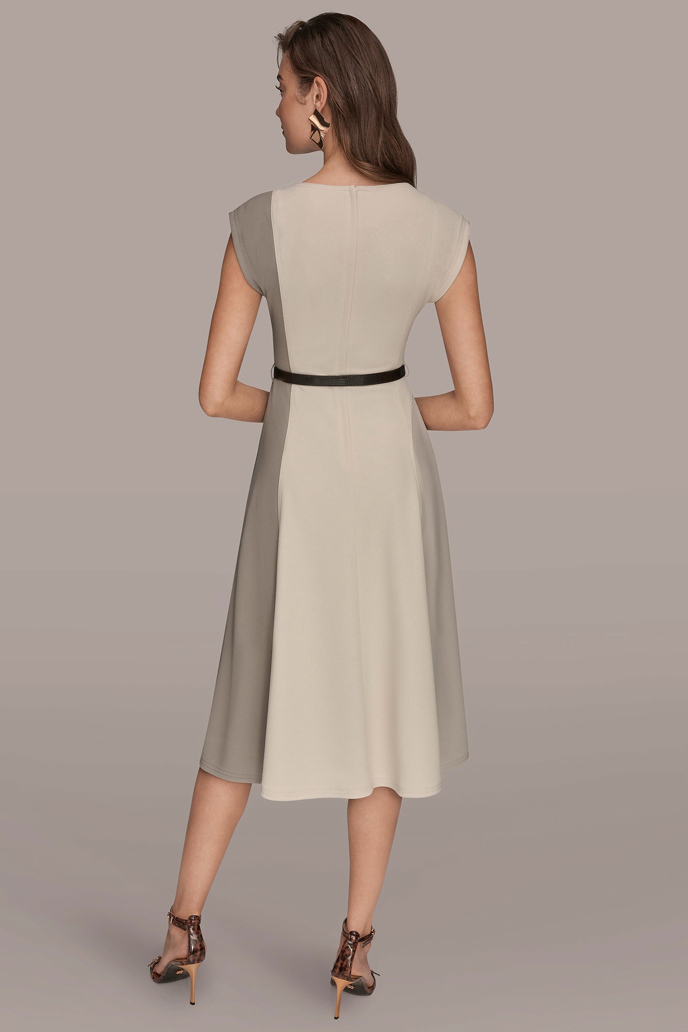 VAPOR/VELLUM/DRIFTWOOD CAP SLEEVE COLOR-BLOCK MIDI DRESS Donna Karan