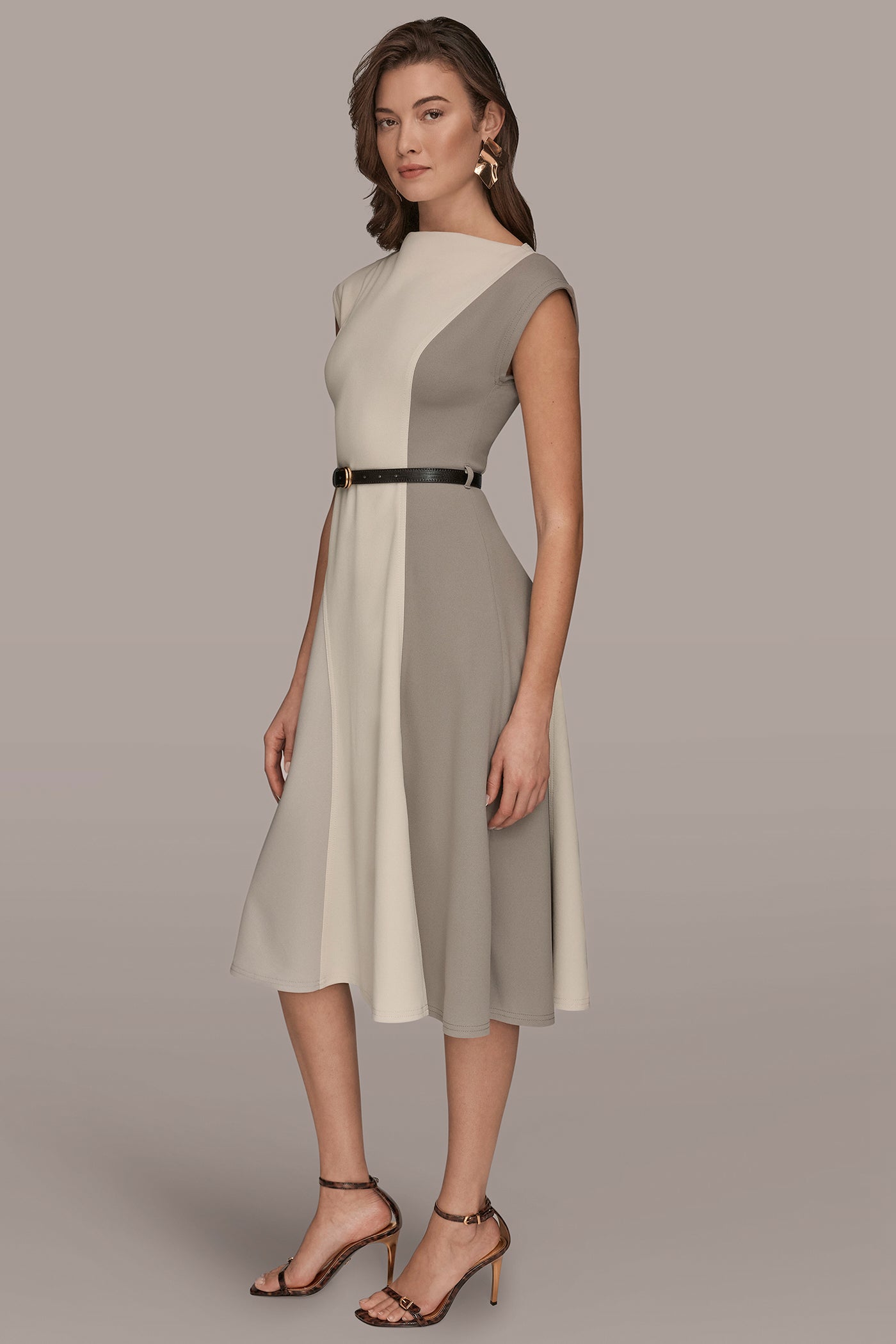 VAPOR/VELLUM/DRIFTWOOD CAP SLEEVE COLOR-BLOCK MIDI DRESS Donna Karan