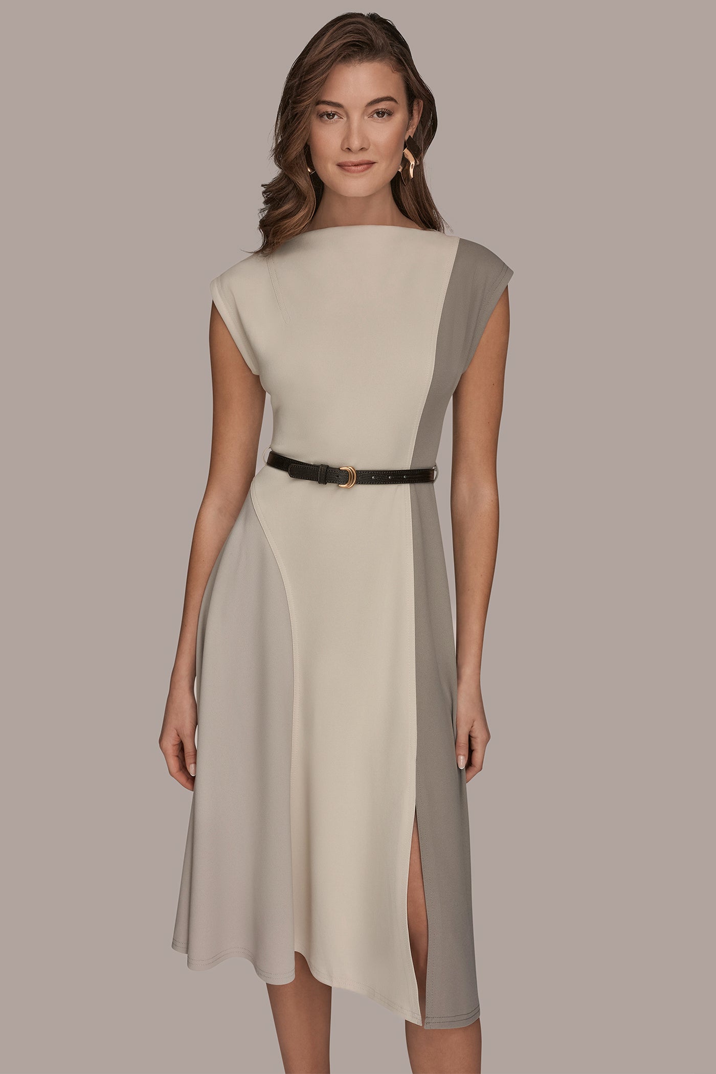 VAPOR/VELLUM/DRIFTWOOD CAP SLEEVE COLOR-BLOCK MIDI DRESS Donna Karan