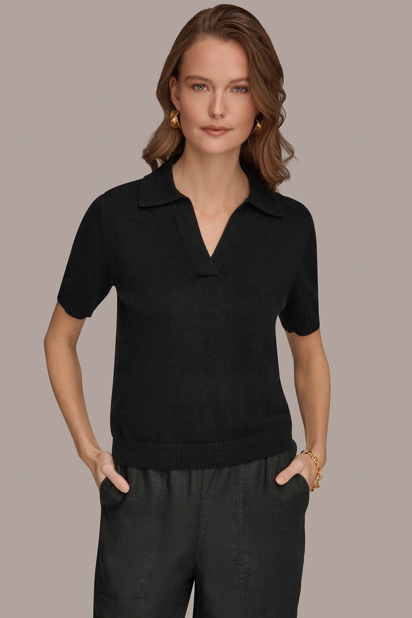 Black COTTON AND CASHMERE POLO SWEATER Donna Karan