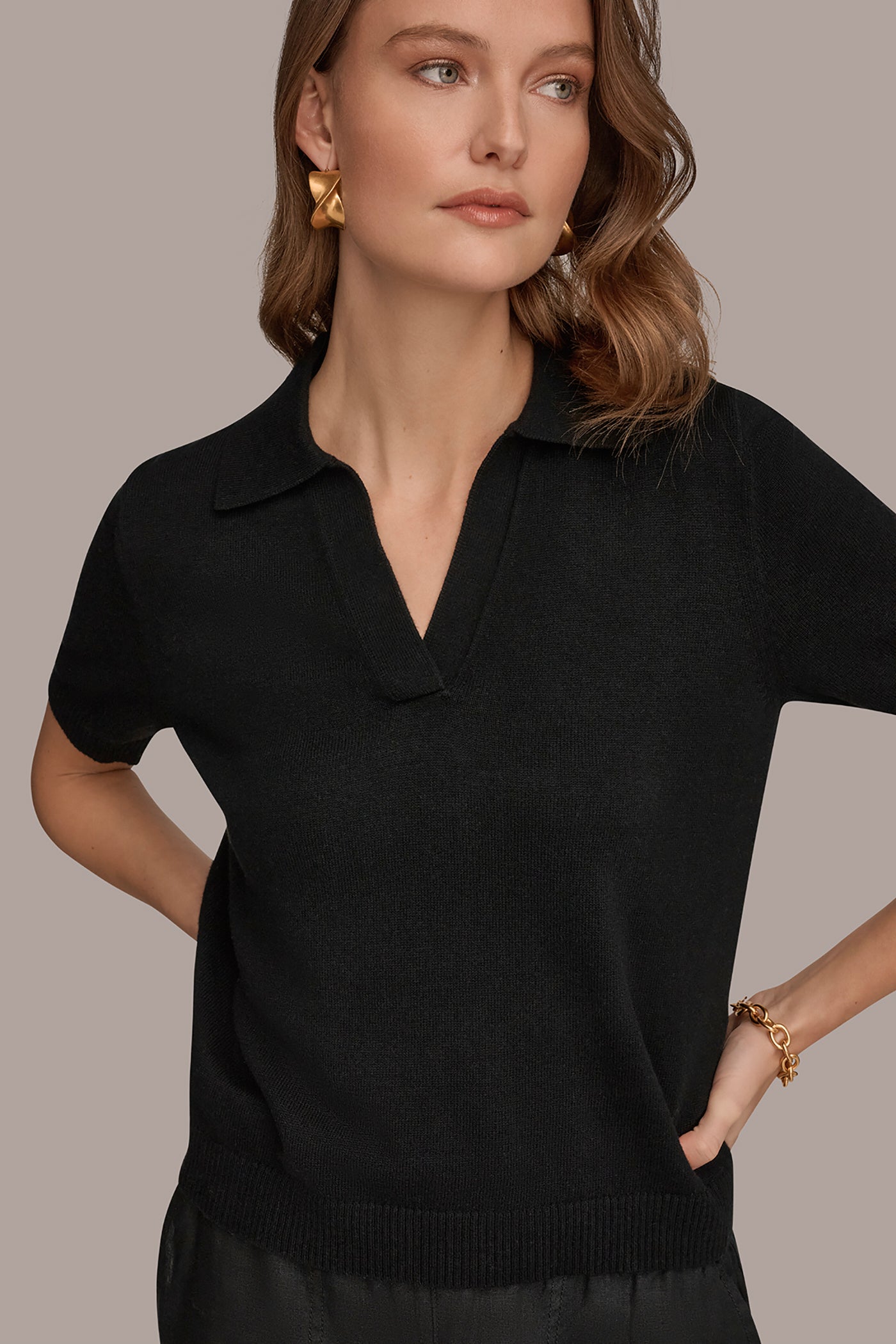 Black COTTON AND CASHMERE POLO SWEATER Donna Karan