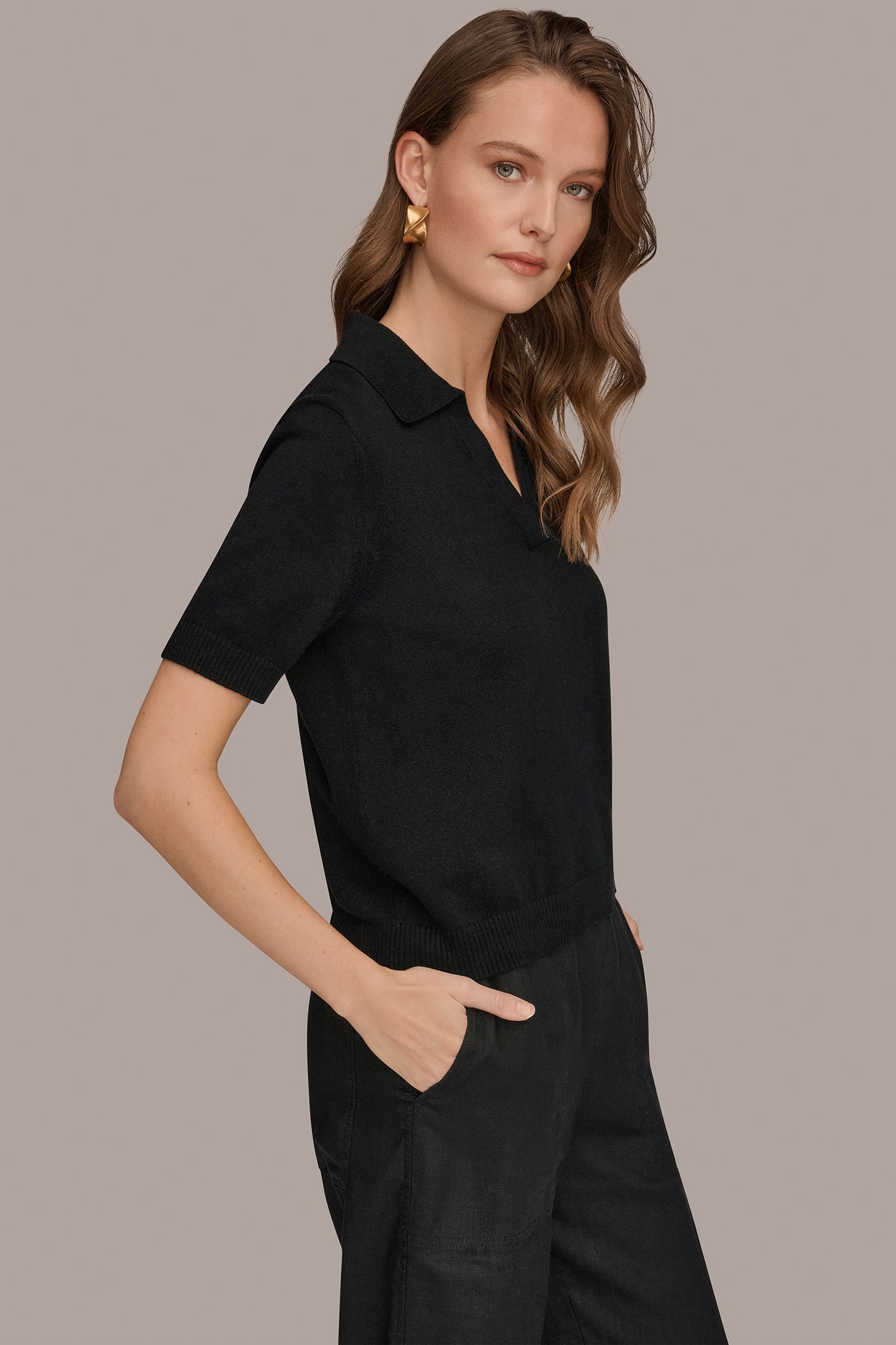 Black COTTON AND CASHMERE POLO SWEATER Donna Karan