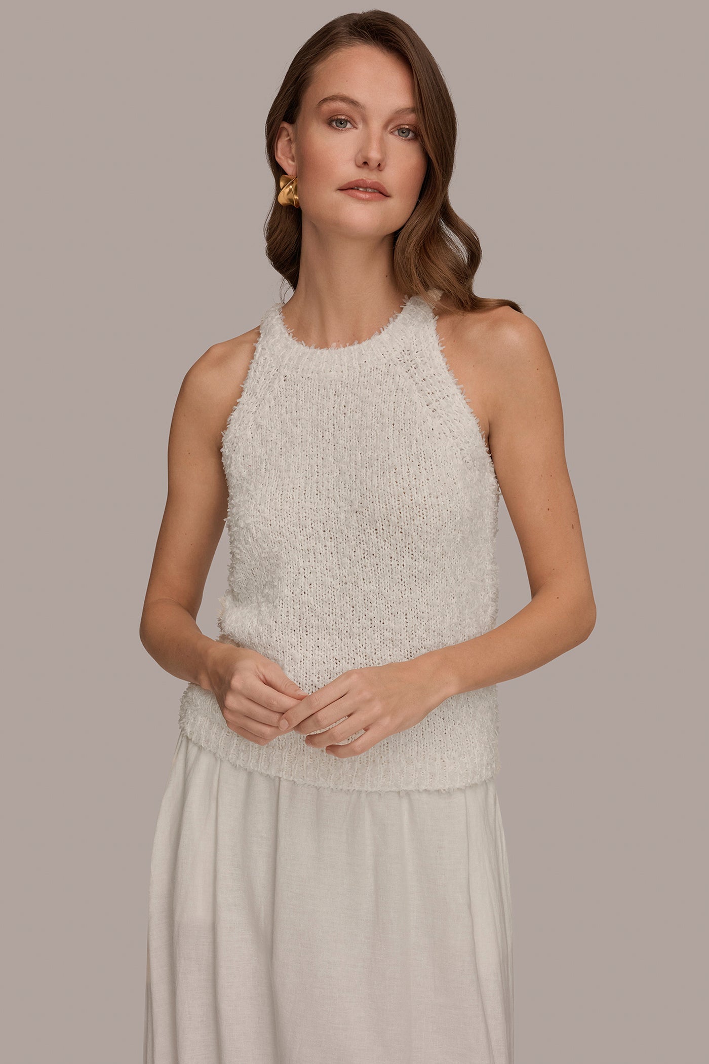 Cream SLEEVELESS HALTER SWEATER TANK Donna Karan