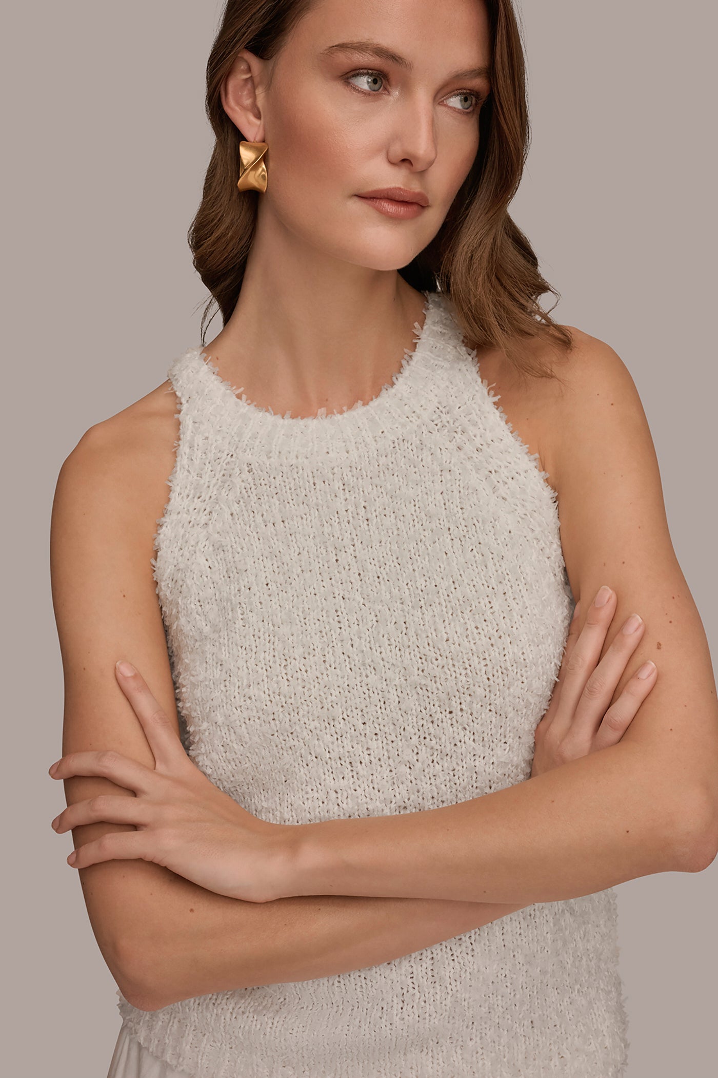 Cream SLEEVELESS HALTER SWEATER TANK Donna Karan