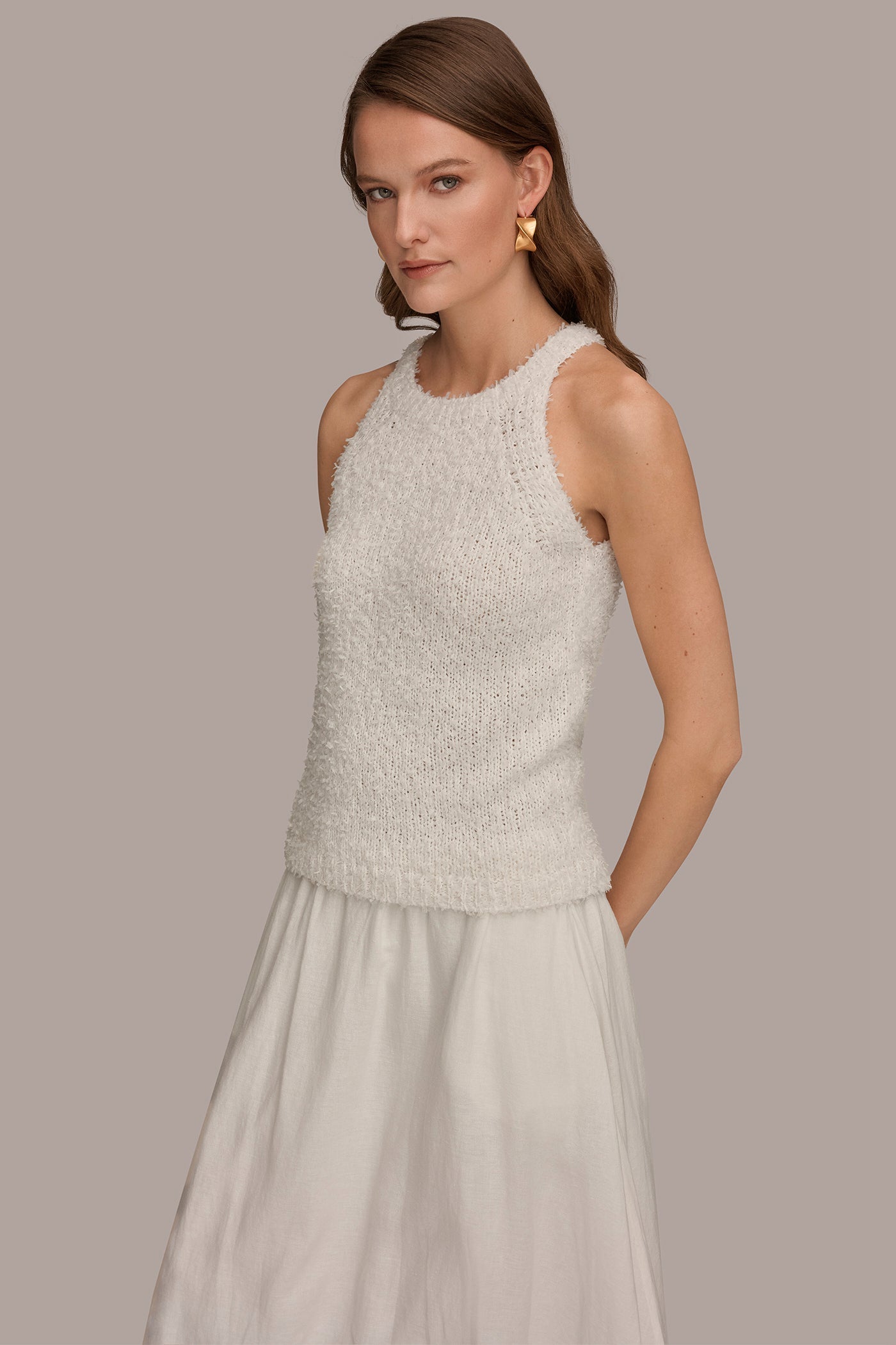 Cream SLEEVELESS HALTER SWEATER TANK Donna Karan