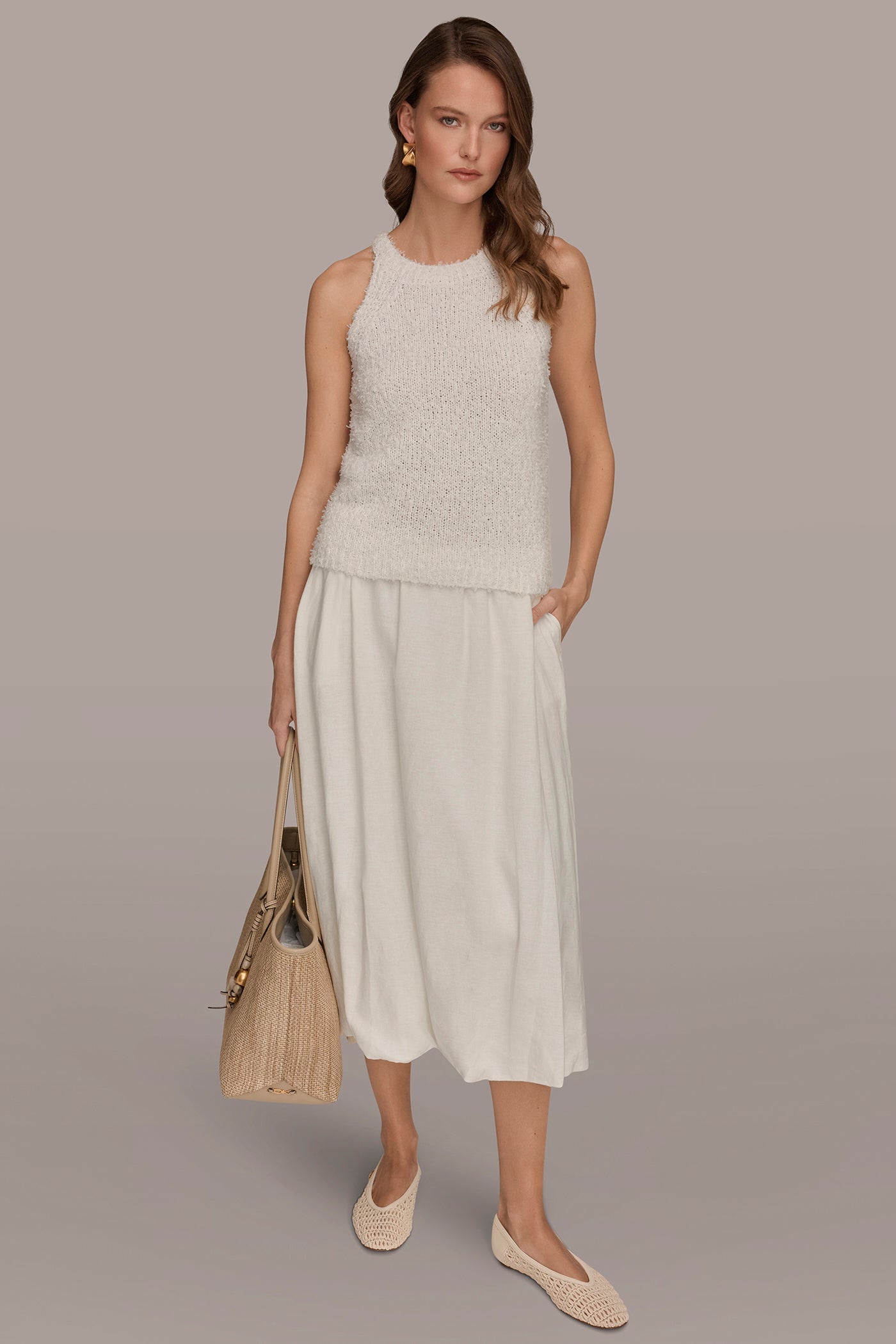 Cream SLEEVELESS HALTER SWEATER TANK Donna Karan
