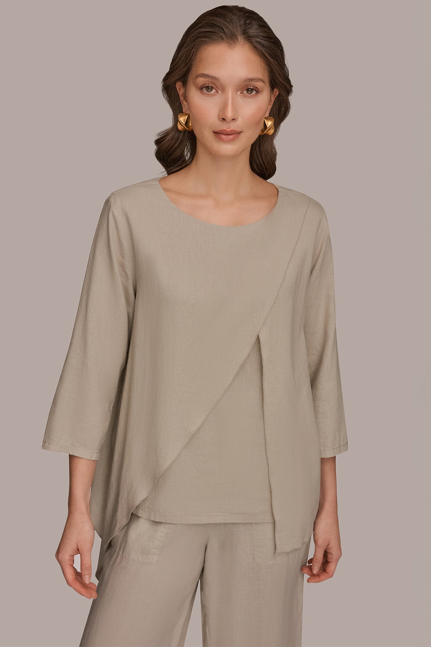 Tuscan Grey 3/4 SLEEVE OVERLAY BLOUSE Donna Karan